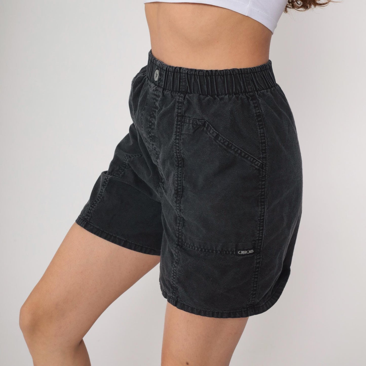 90s Cherokee Black Cotton Utility Shorts Elastic Waist Small