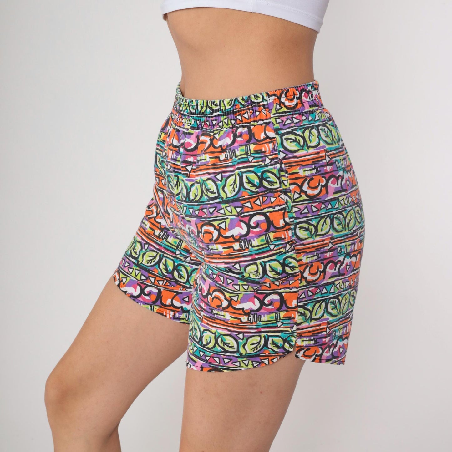 90s Victoria Harbor Cotton Shorts High Rise Abstract Geometric Print Medium