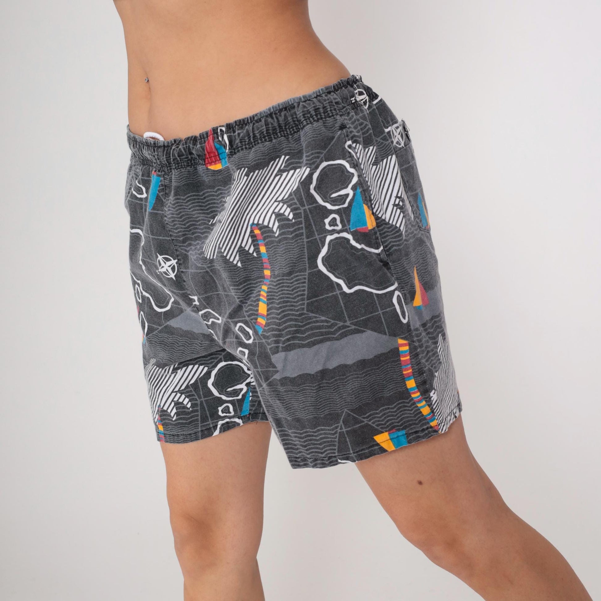 90s Blair Map Print Cotton Swim Trunks Grey Island Graphic Large L