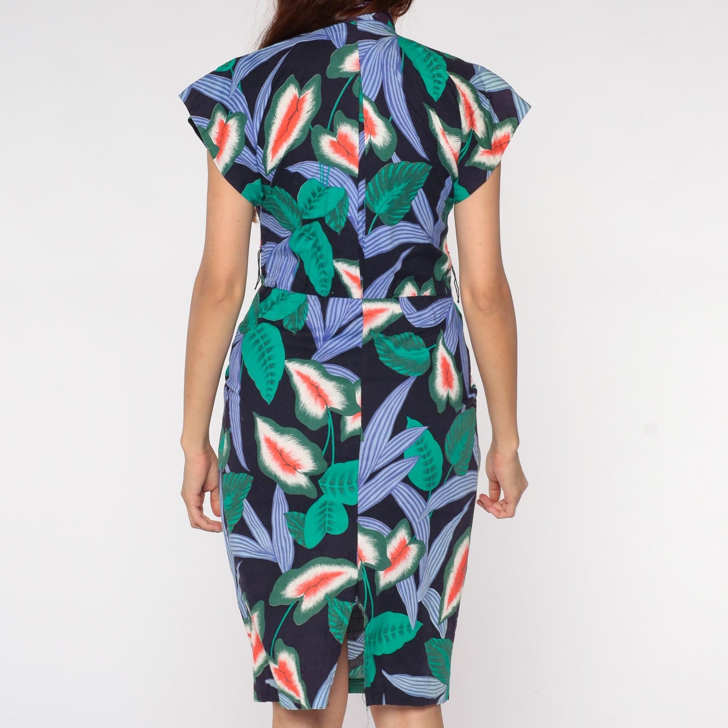 90s Tropical Leaf Cotton Dress Navy Green Mandarin Collar Cap Sleeve Small S