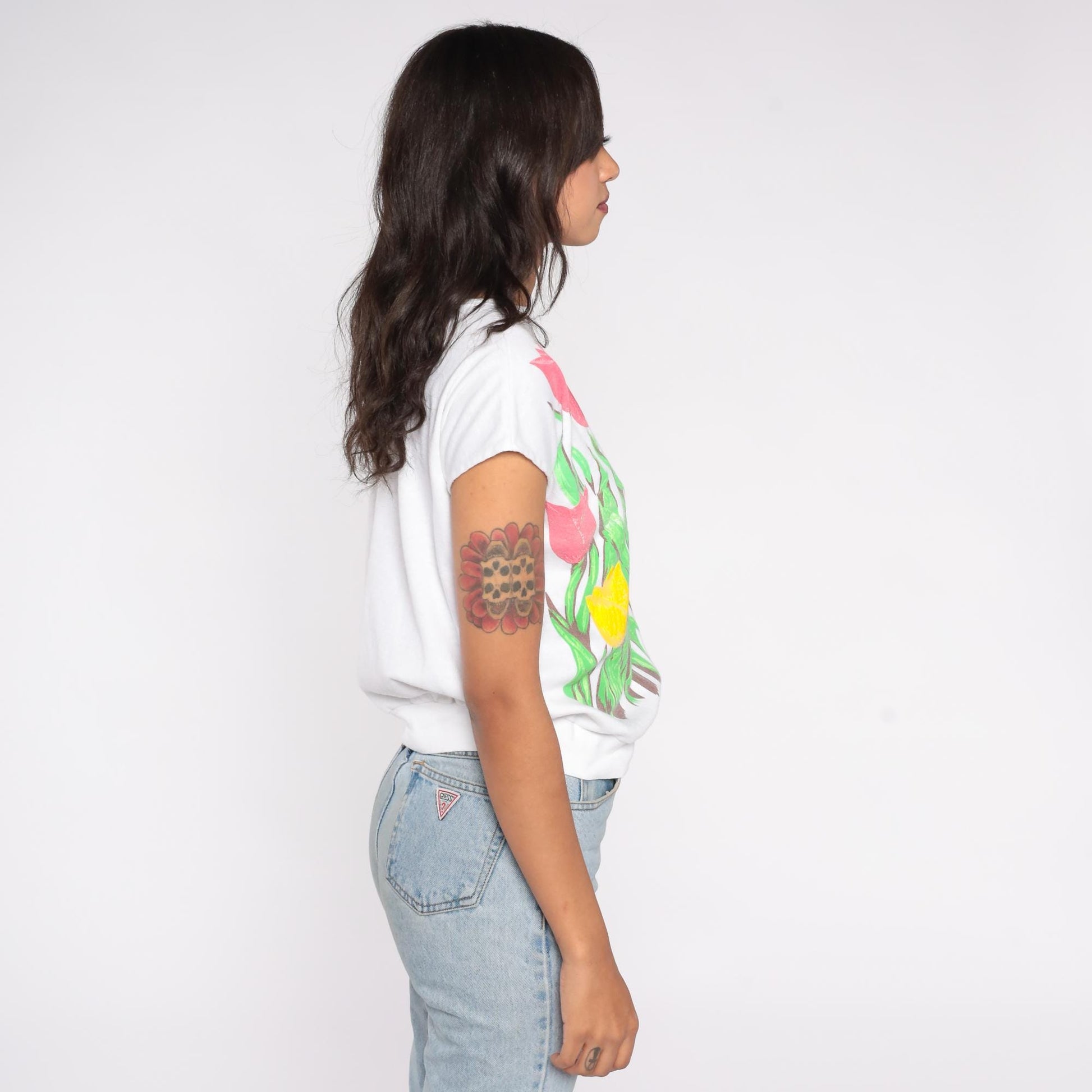 90s White Tulip Floral Cropped Cotton Shirt Small S