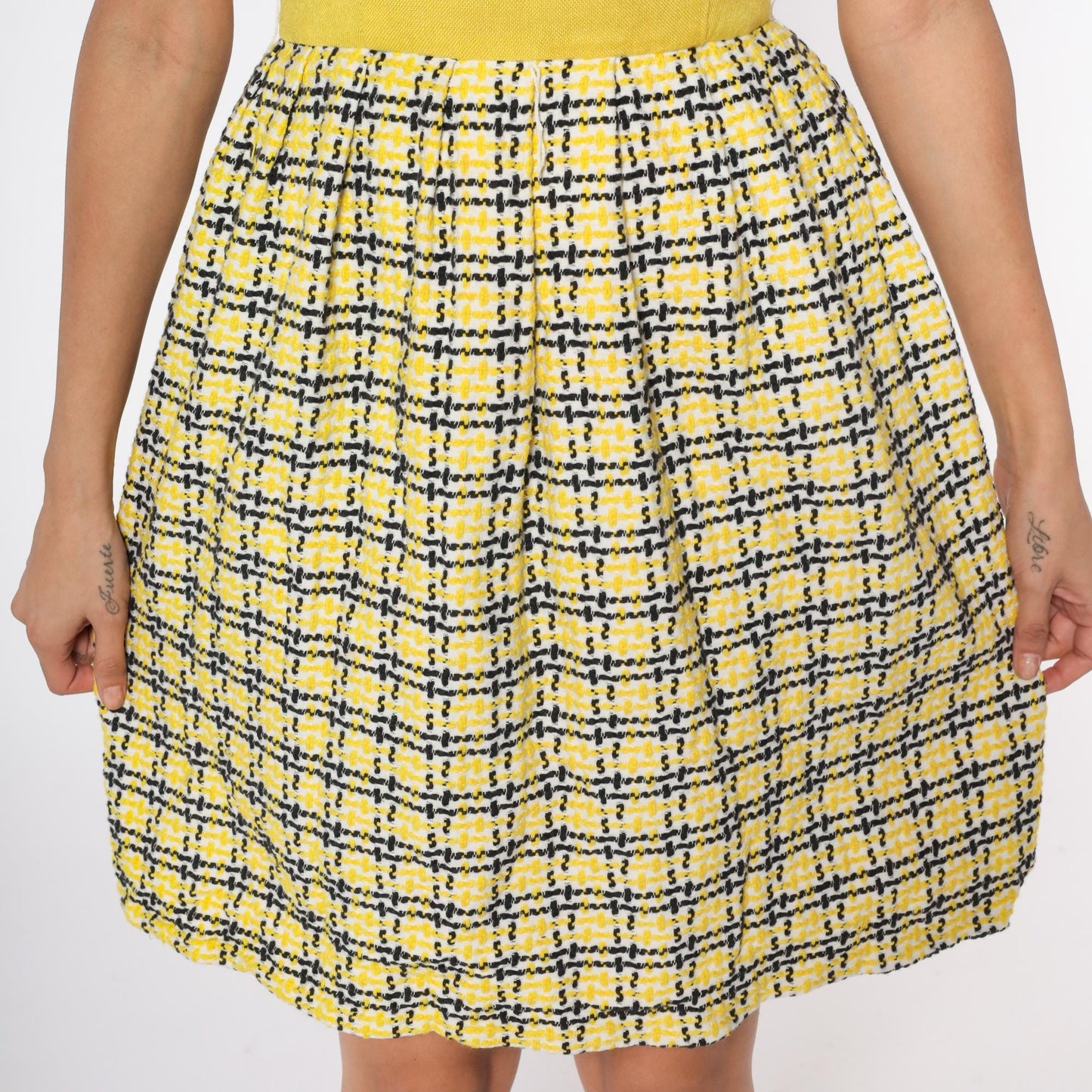 60s Yellow Plaid Mod Mini Dress Colorblock Black White Crew Neck Small