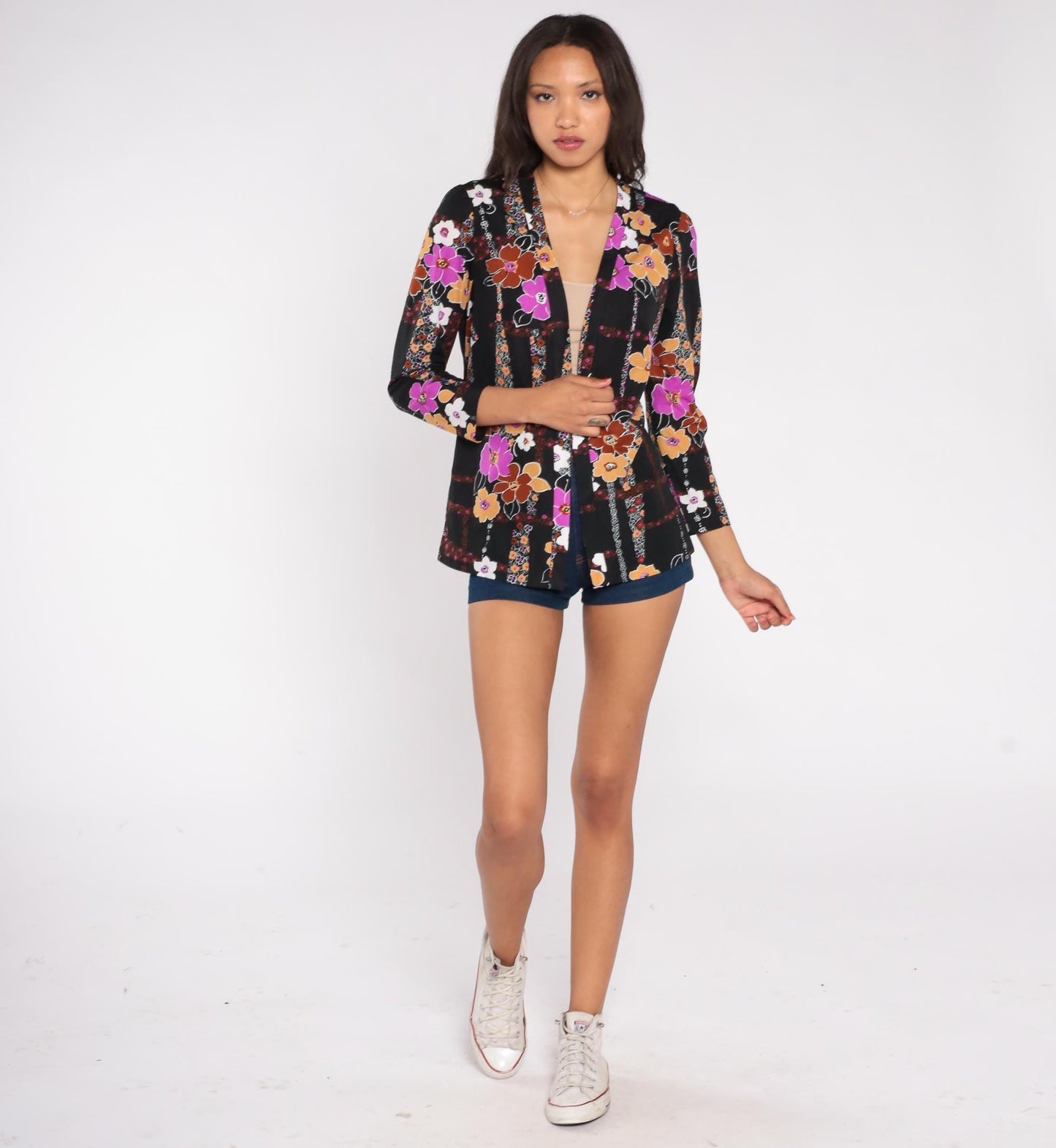 70s Floral Blazer Black Pink Orange Brown Flowers Open Front Small