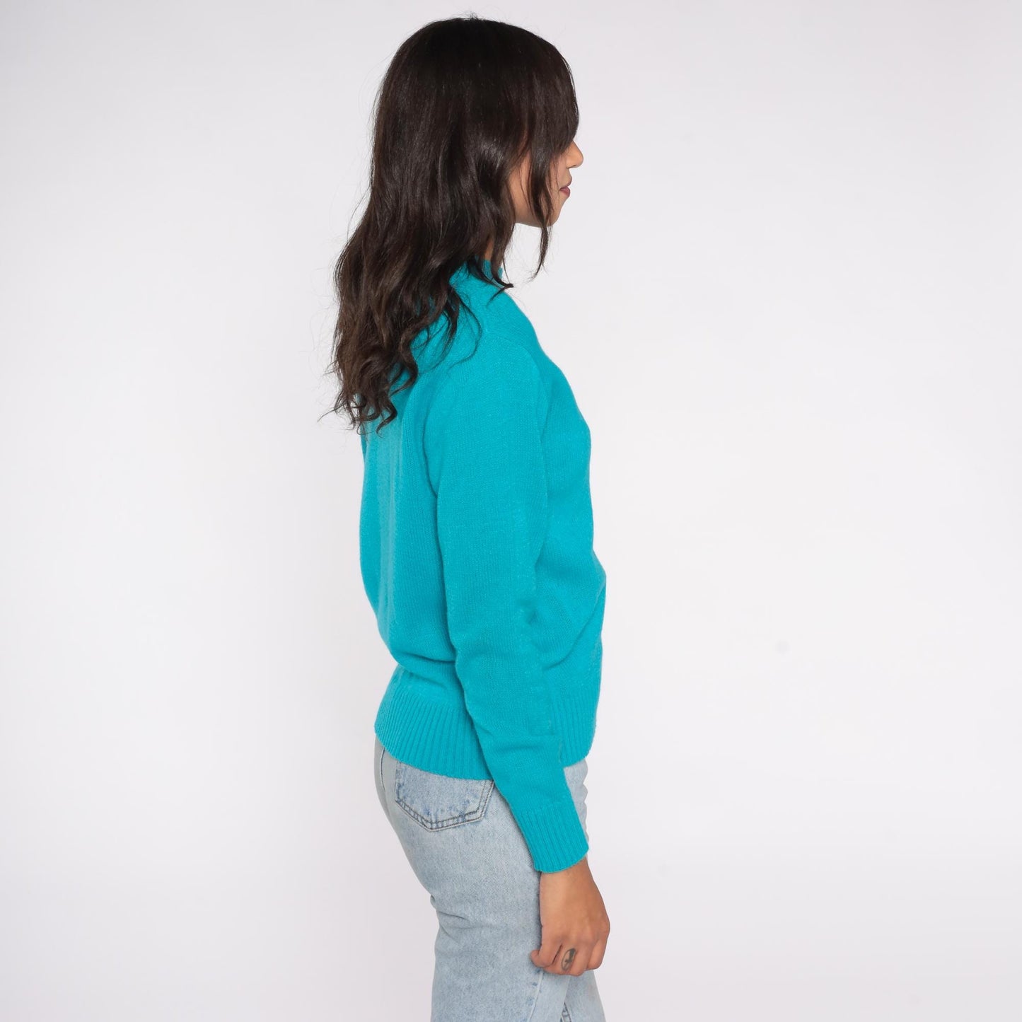80s Turquoise Acrylic Crew Neck Sweater Knit Pullover Large L