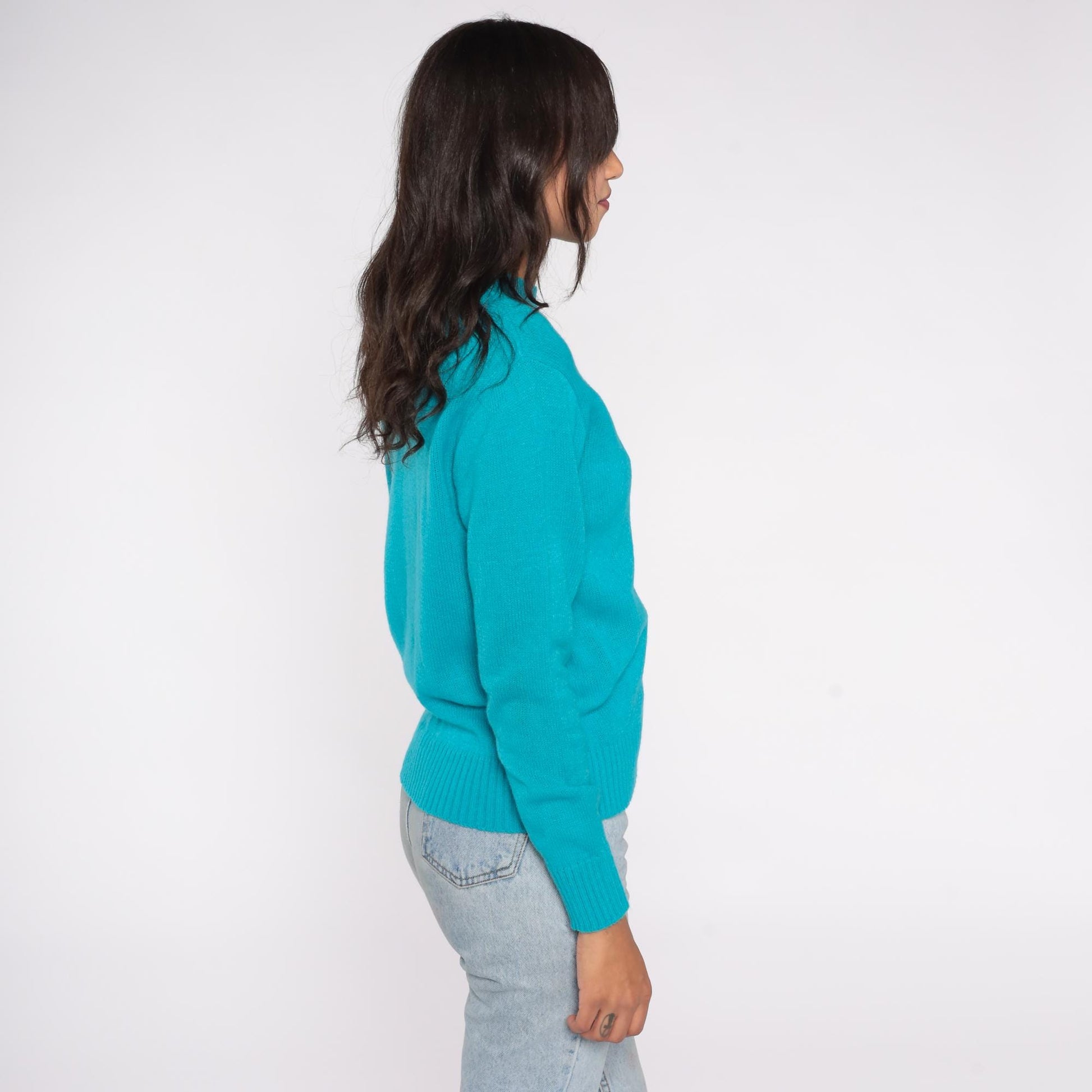 80s Turquoise Acrylic Crew Neck Sweater Knit Pullover Large L