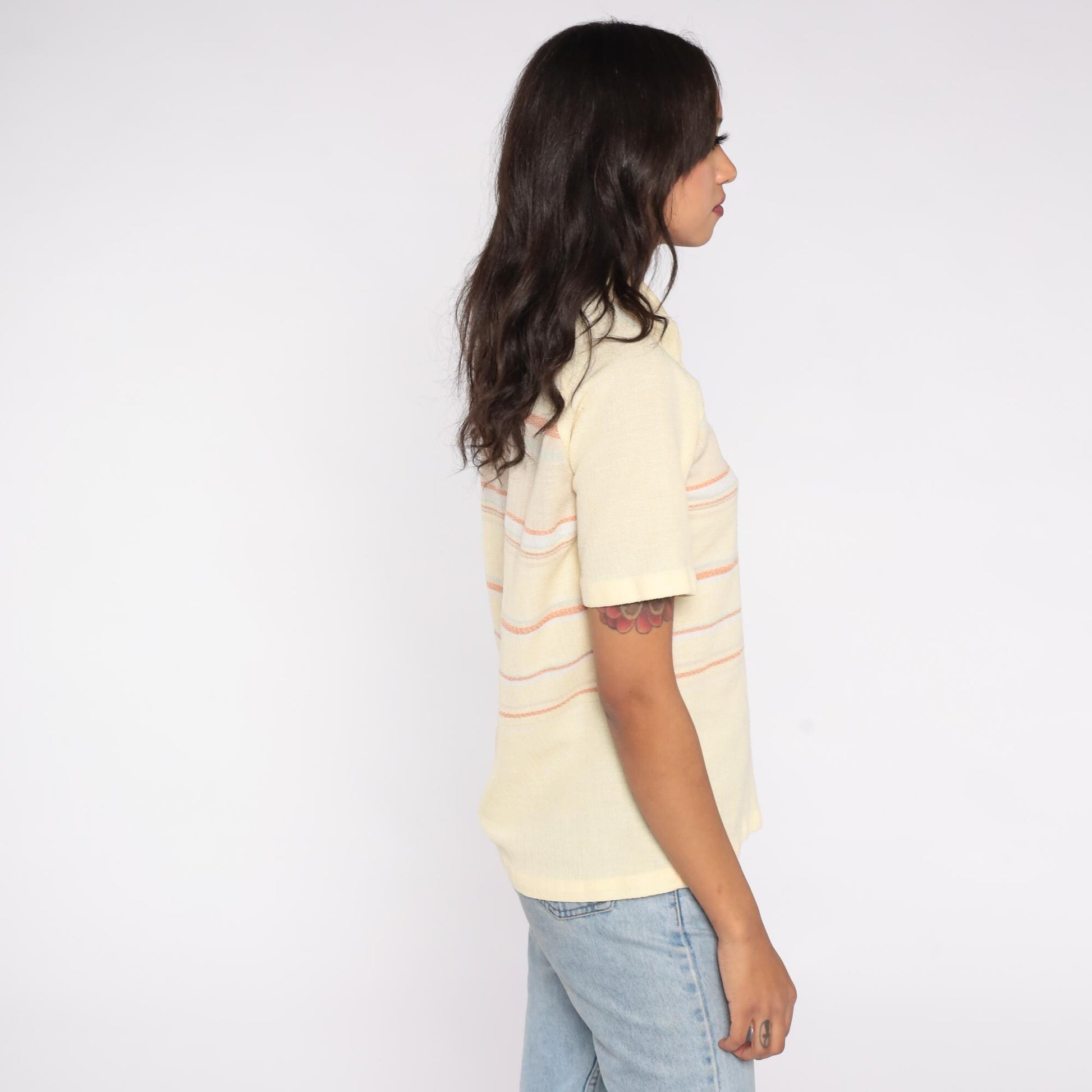 70s Charisma California Knit Polo Shirt Yellow Striped Collared Large