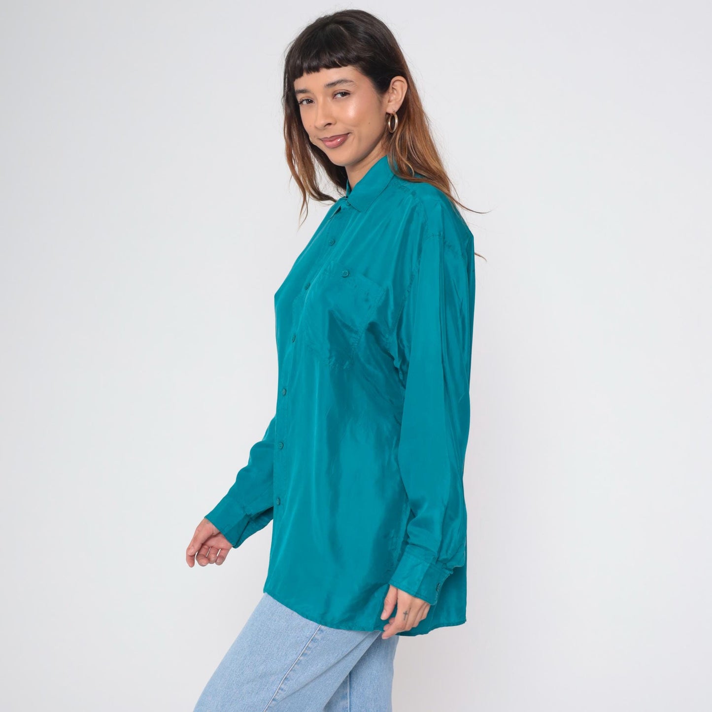 90s Olive Green Silk Button-Up Blouse Long Sleeve Chest Pocket Medium M