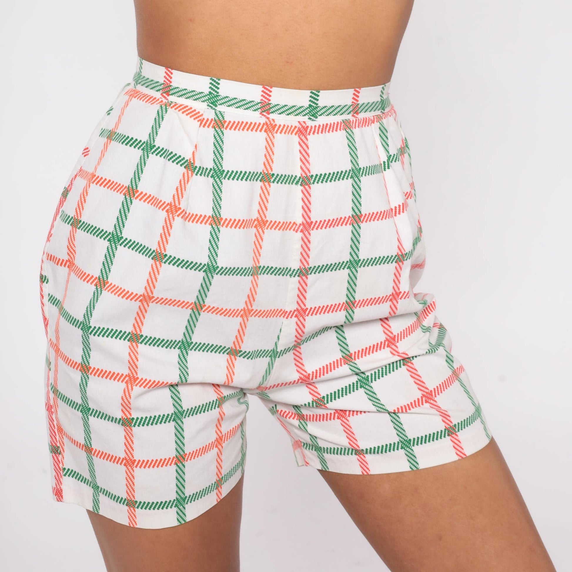 60s Plaid High-Waist Shorts White Red Green Windowpane Check Extra Small XS