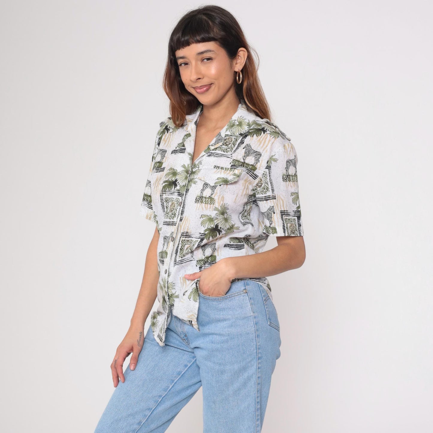 90s Safari Animal Print Button Down Shirt Zebra Lion Palm White Small