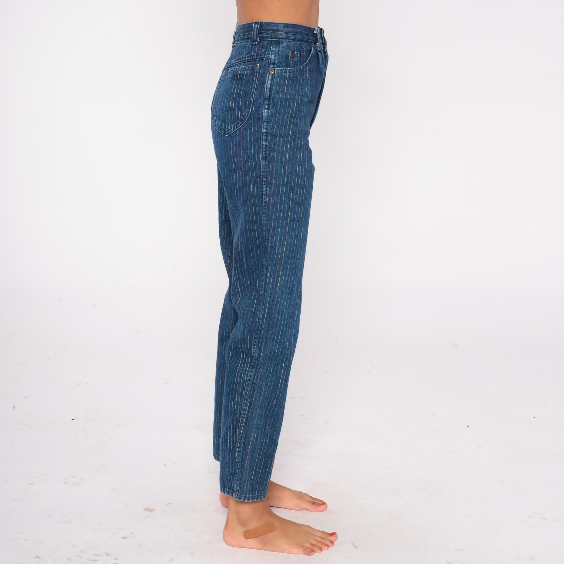 90s Rainbow Pinstripe High Waist Jeans Blue Multicolor Mom Denim Small S