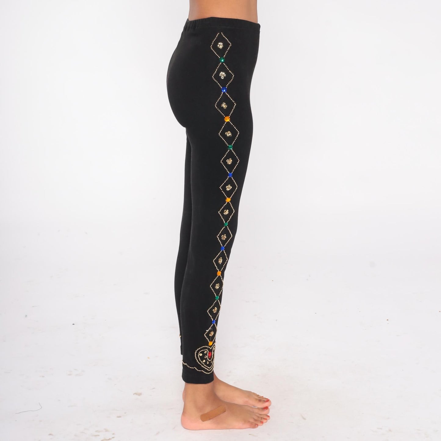 90s Contempo Casuals Black Beaded Leggings Gold Gemstone High Waist Medium M