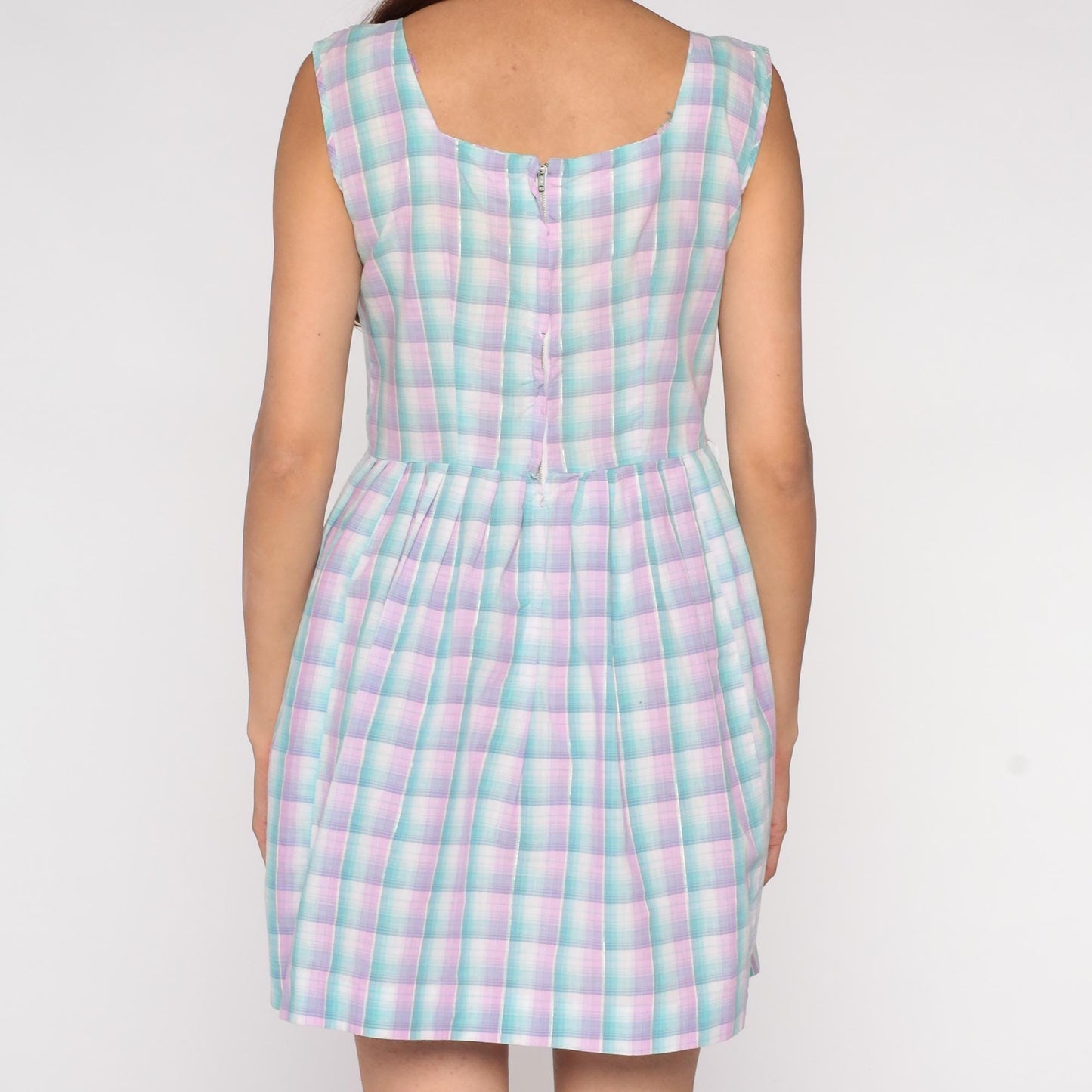 60s PaintSet Fashion Plaid Mini Dress Square Neck Button Front Medium