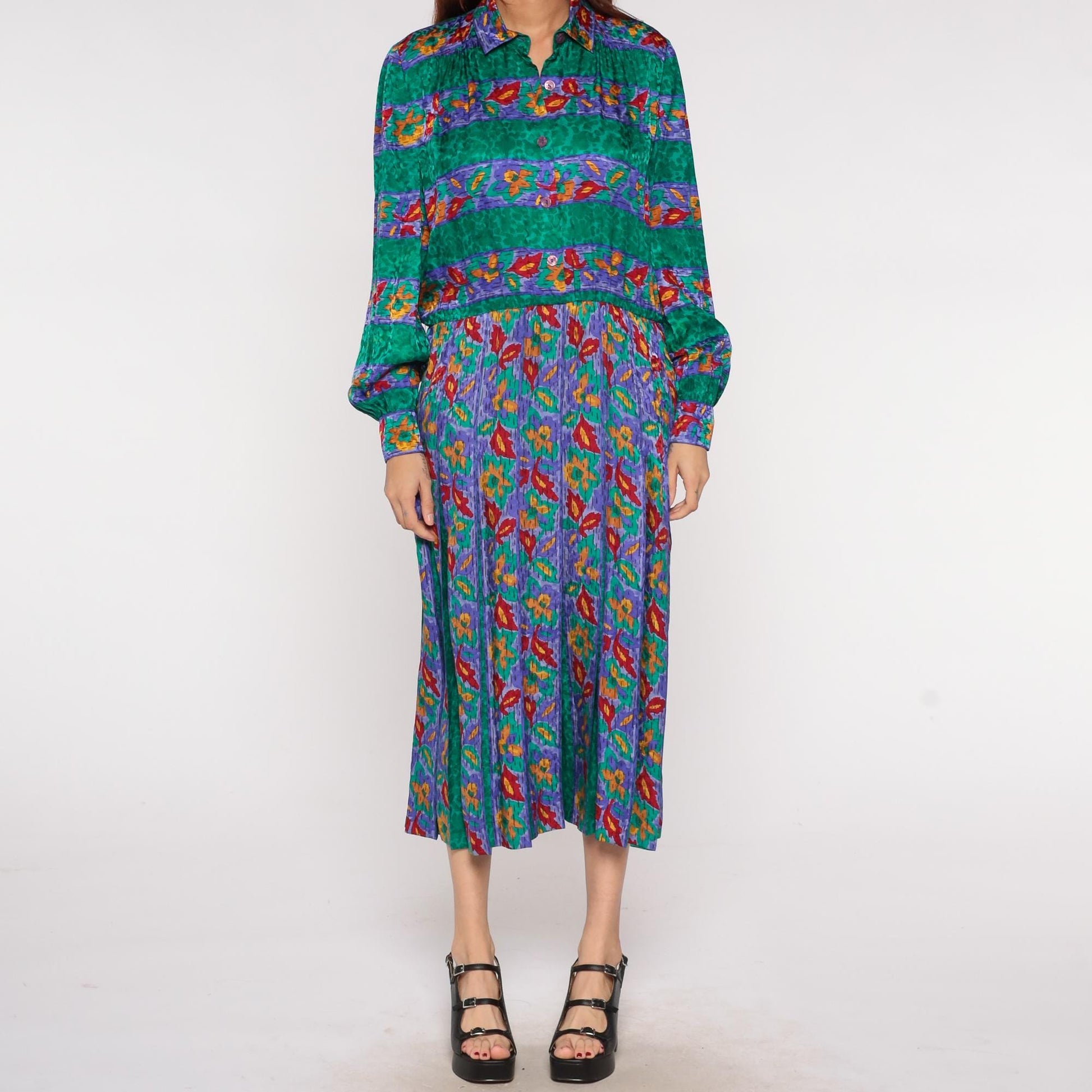 80s Adrianna Papell Silk Midi Dress Floral Print Collared Long Sleeve Medium