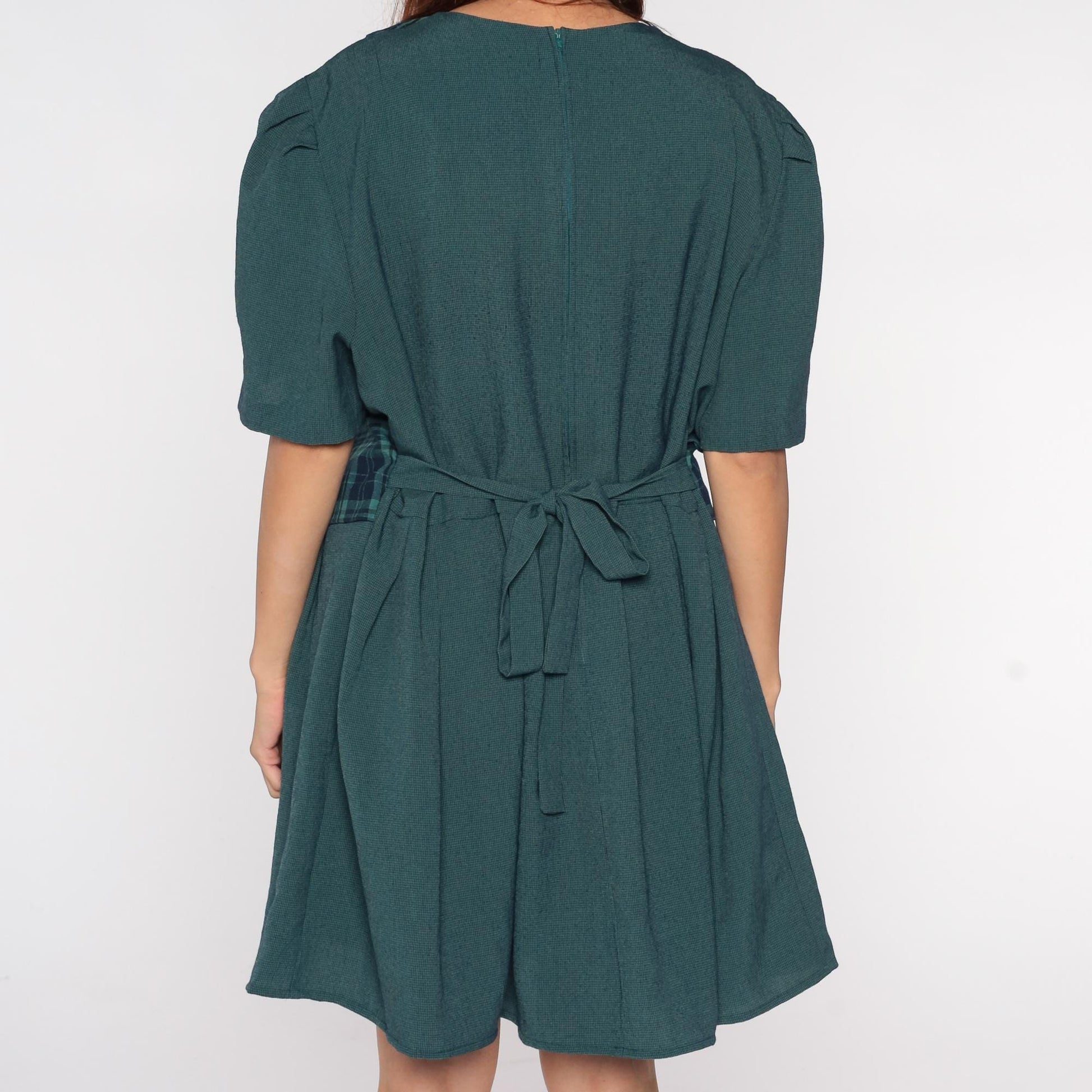 90s Lady Dorby Plaid Mini Dress Forest Green Navy Tie Back Plus Size 22W