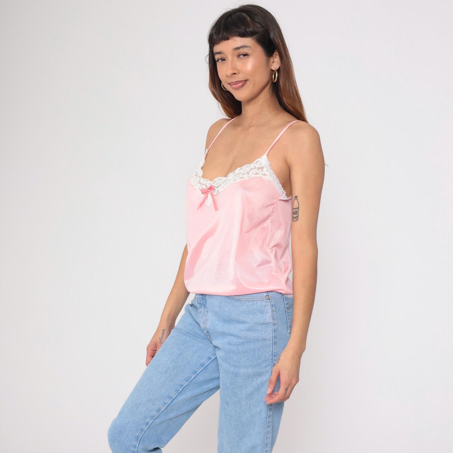 80s Pink Satin Camisole Nylon Lace Trim Bow Tank Medium