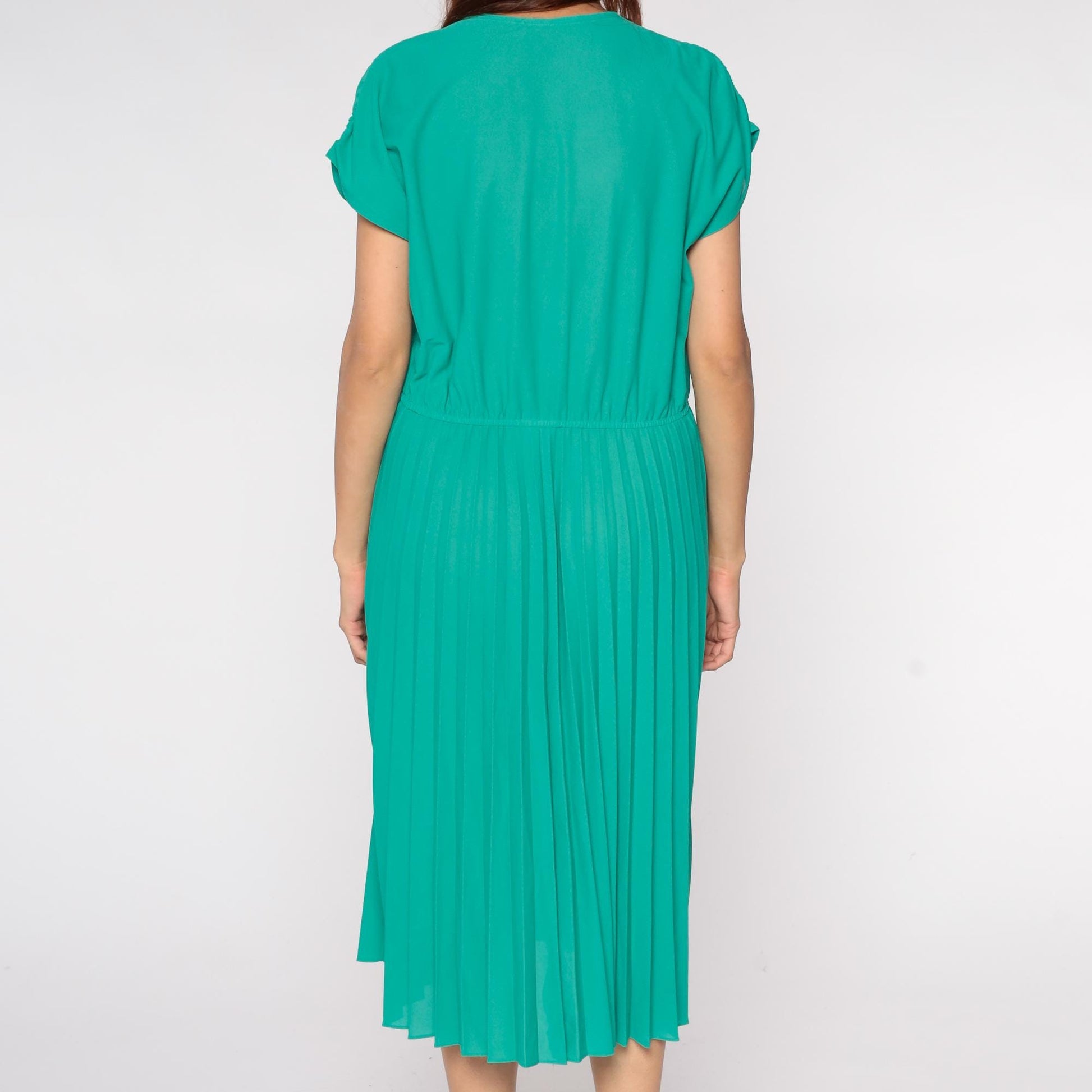 70s Emerald Green Pleated Midi Dress V Neck Dolman Sleeve Medium
