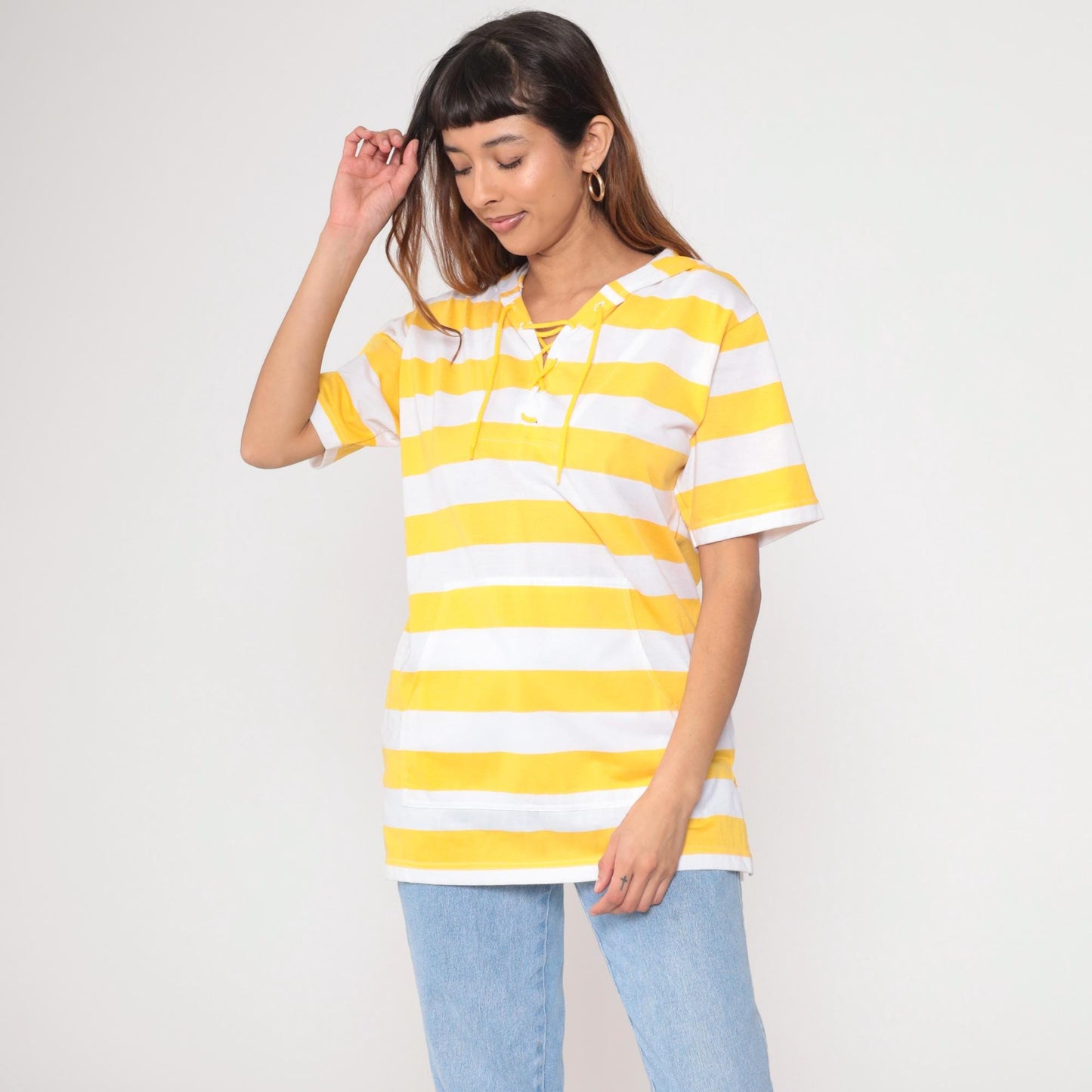 90s Yellow White Striped Short Sleeve Hooded Shirt Lace-Up V-Neck Small