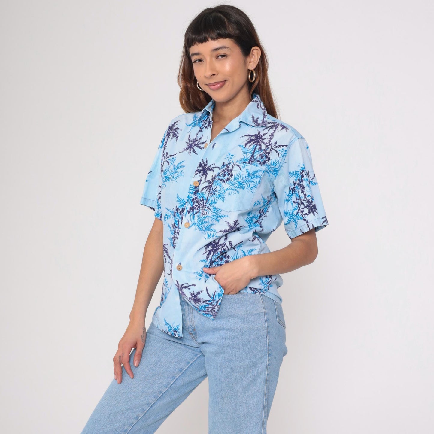 70s Tropicana Hawaiian Shirt Blue Palm Tree Fern Camp Collar Medium