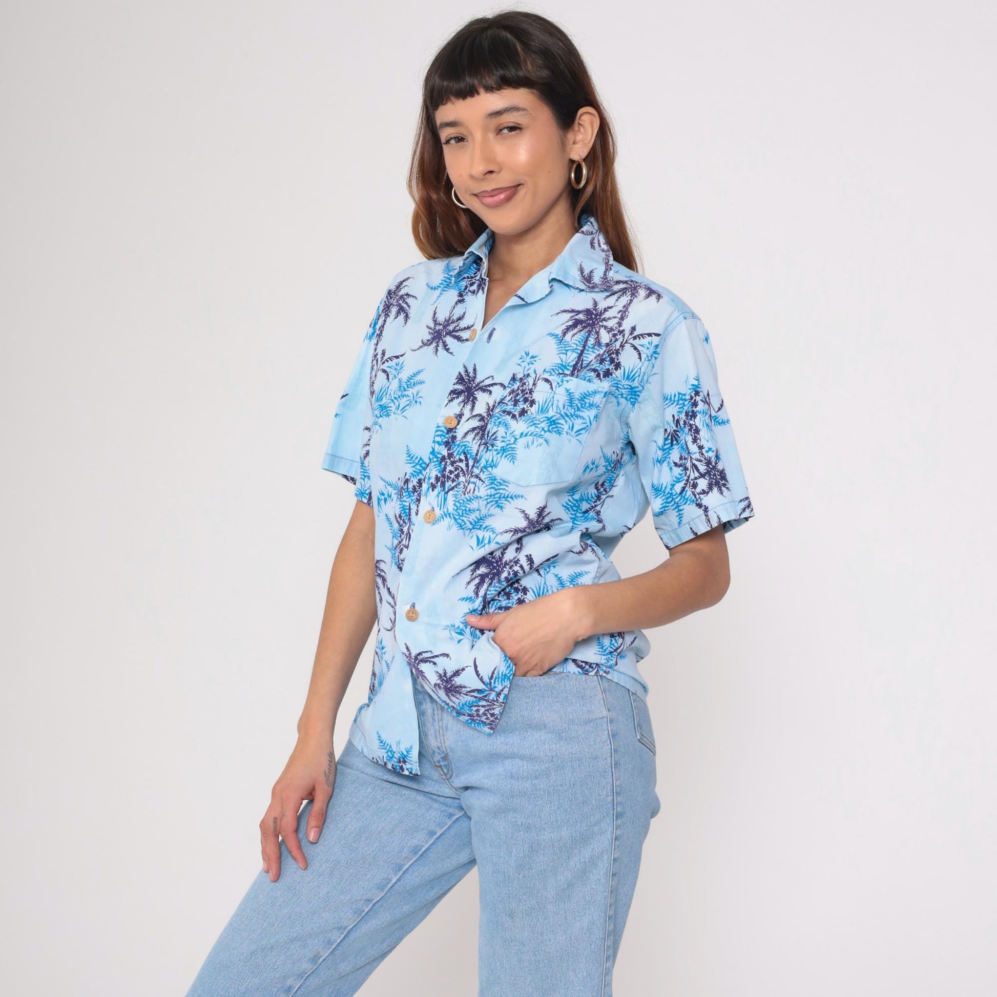 70s Tropicana Hawaiian Shirt Blue Palm Tree Fern Camp Collar Medium