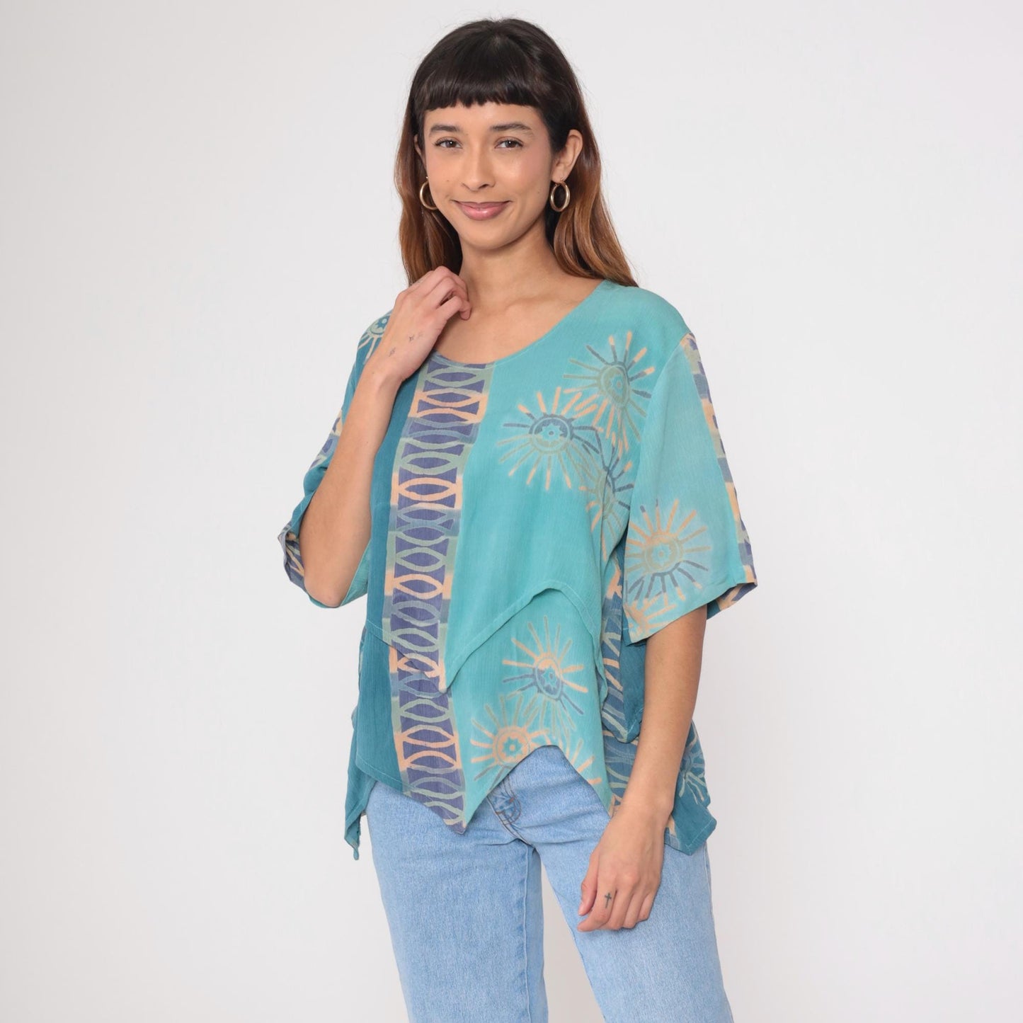 Y2K Silver Stream Teal Sun Print Asymmetric Layered Blouse Extra Large XL