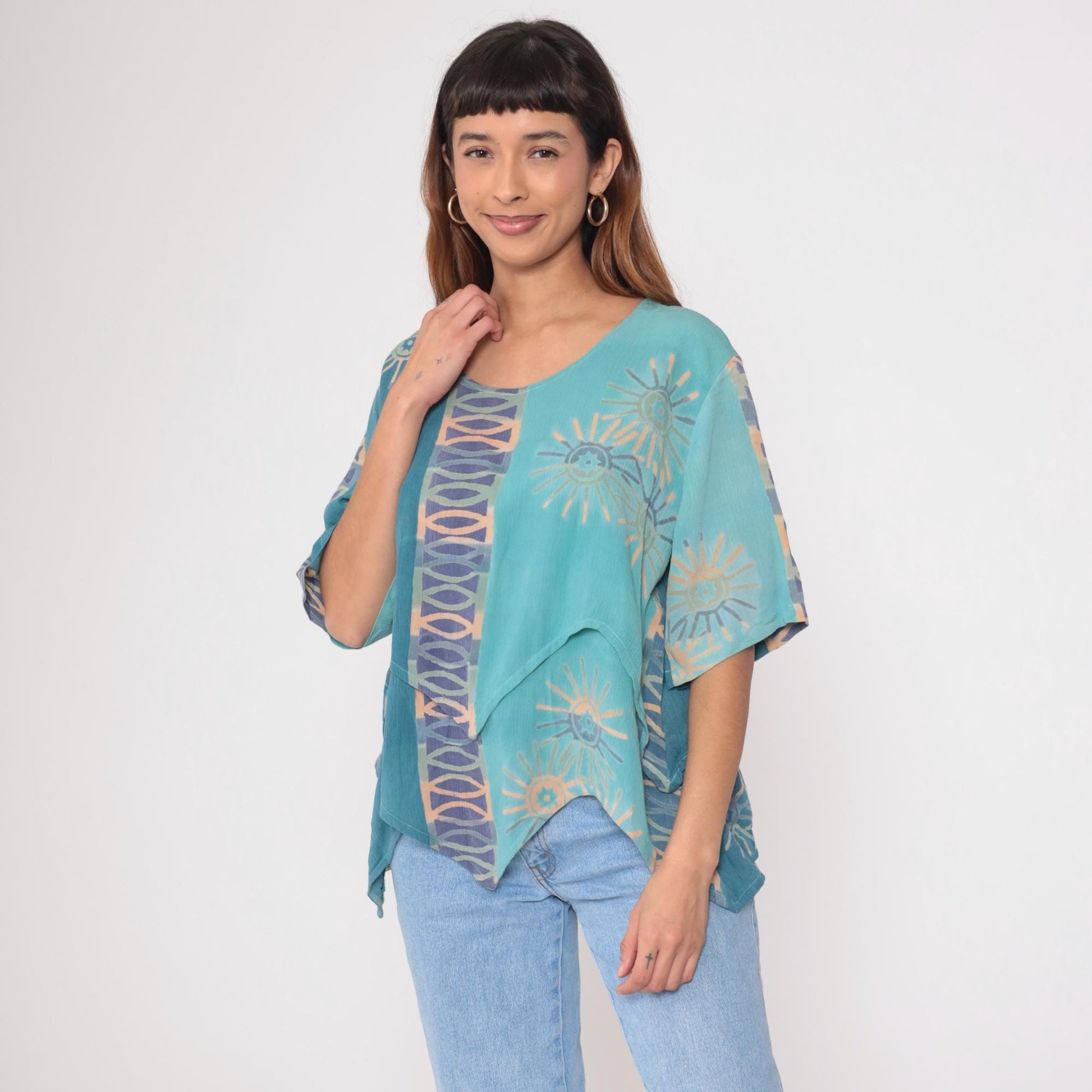 Y2K Silver Stream Teal Sun Print Asymmetric Layered Blouse Extra Large XL