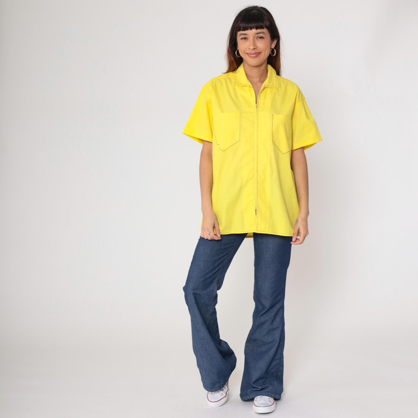 70s Yellow Zip-Front Work Shirt Cotton Blend Utility Pockets Extra Large XL