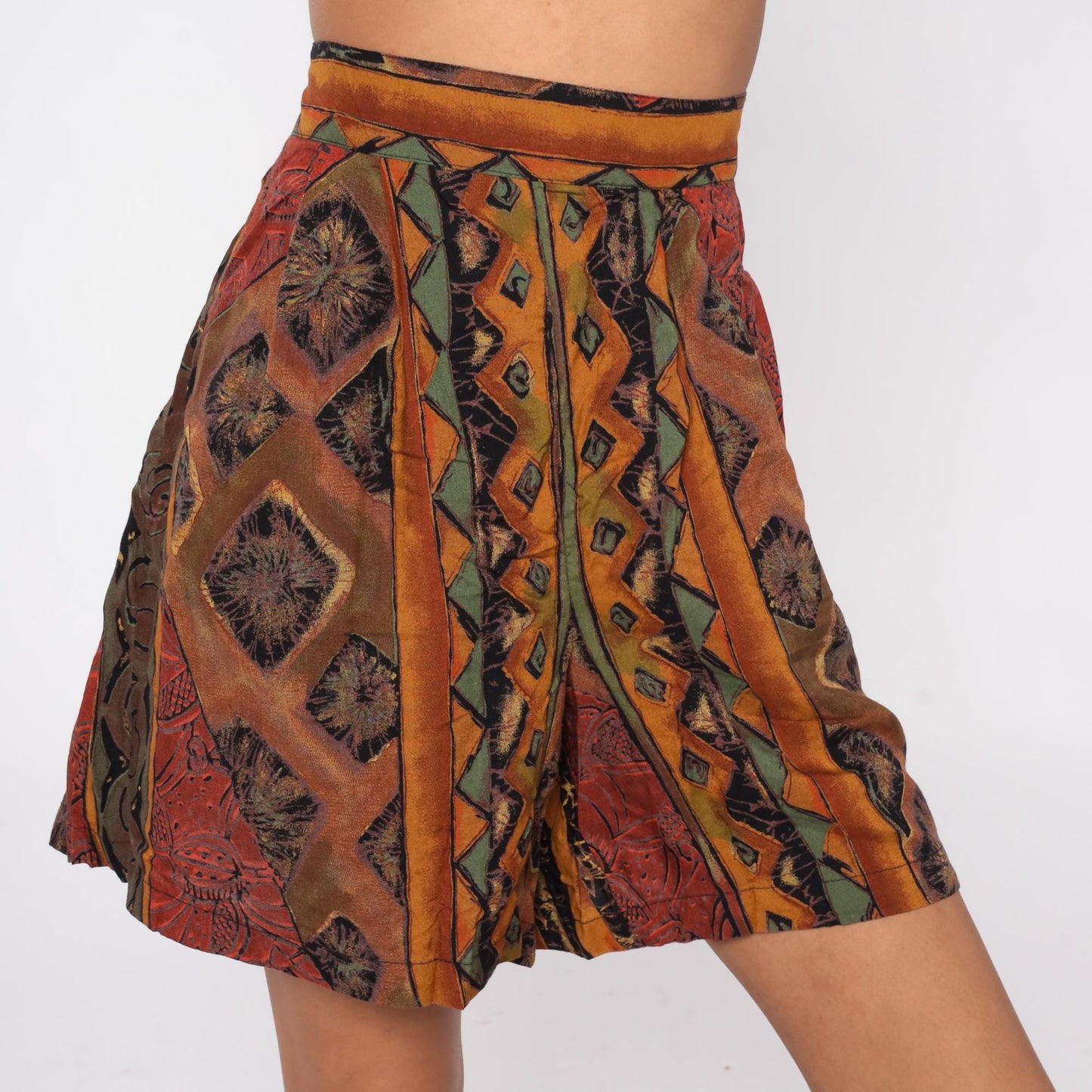 90s Caliche Abstract Geometric Shorts High Waist Brown Orange Green Medium Large