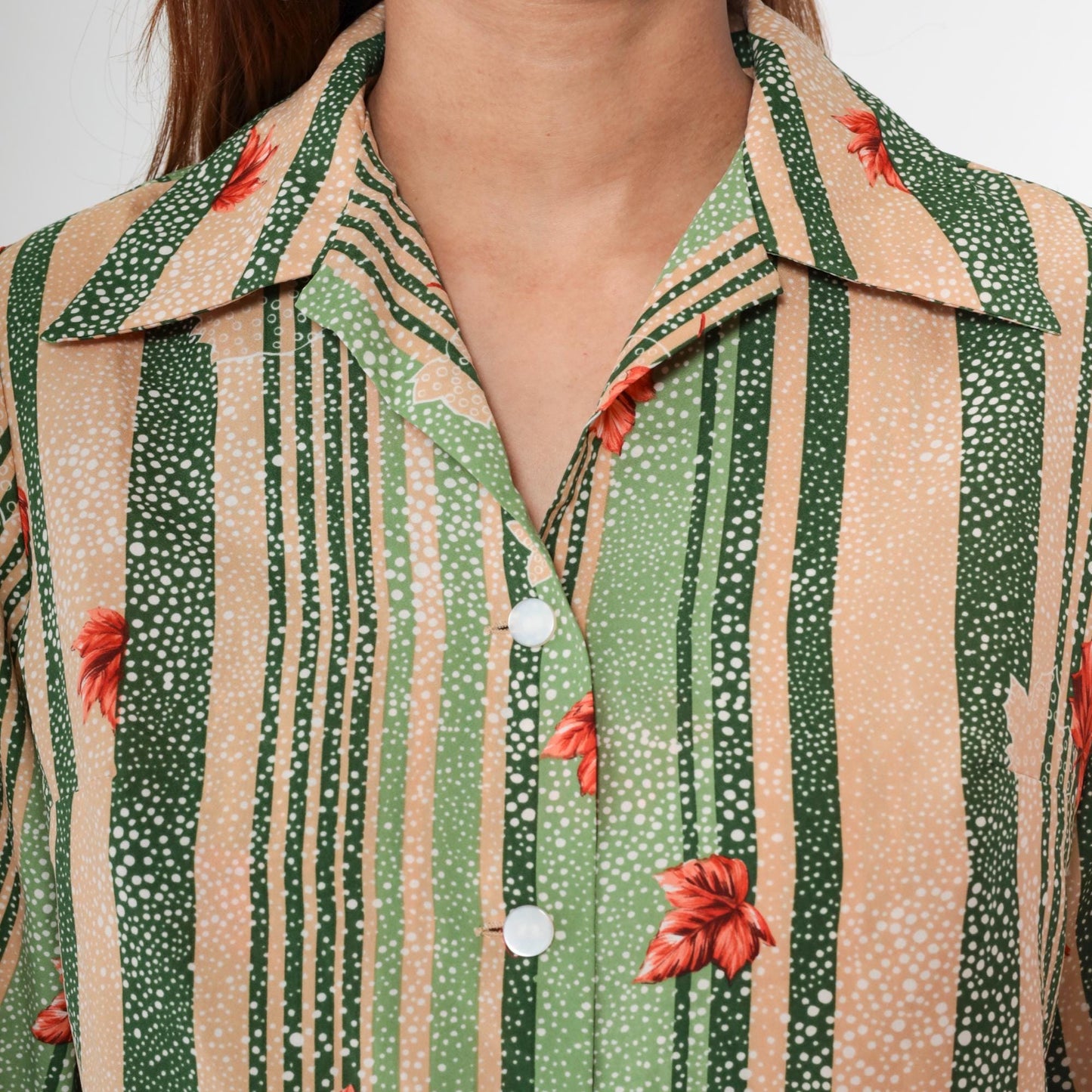 70s Pykettes Maple Leaf Striped Button-Up Blouse Green Peach Medium M
