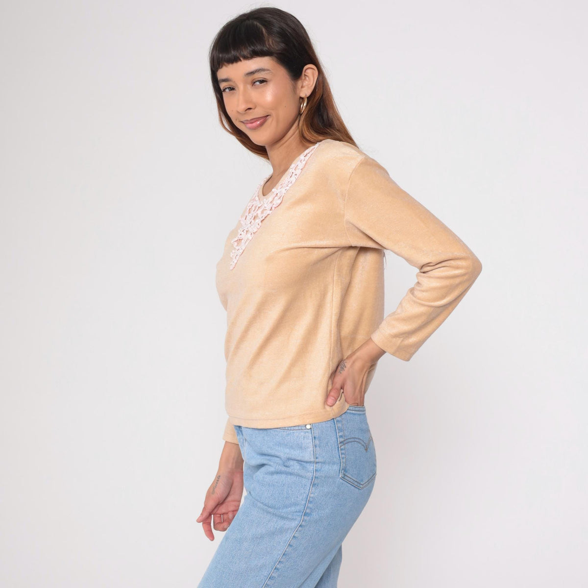 70s Cream Lace Appliqué Pullover Sweater Pink Detail Round Neck Medium M