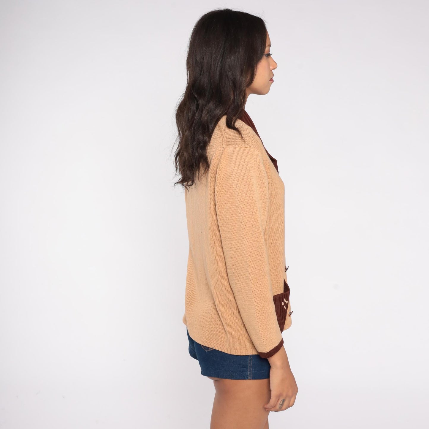 70s Camel Cardigan Shawl Collar Embroidered Pockets Brown Trim Medium