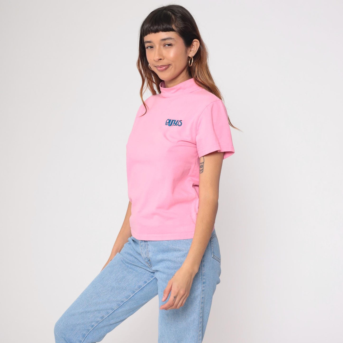 90s Punyus Y2K Pink Cotton Mock Neck Tee Japanese Brand Medium M