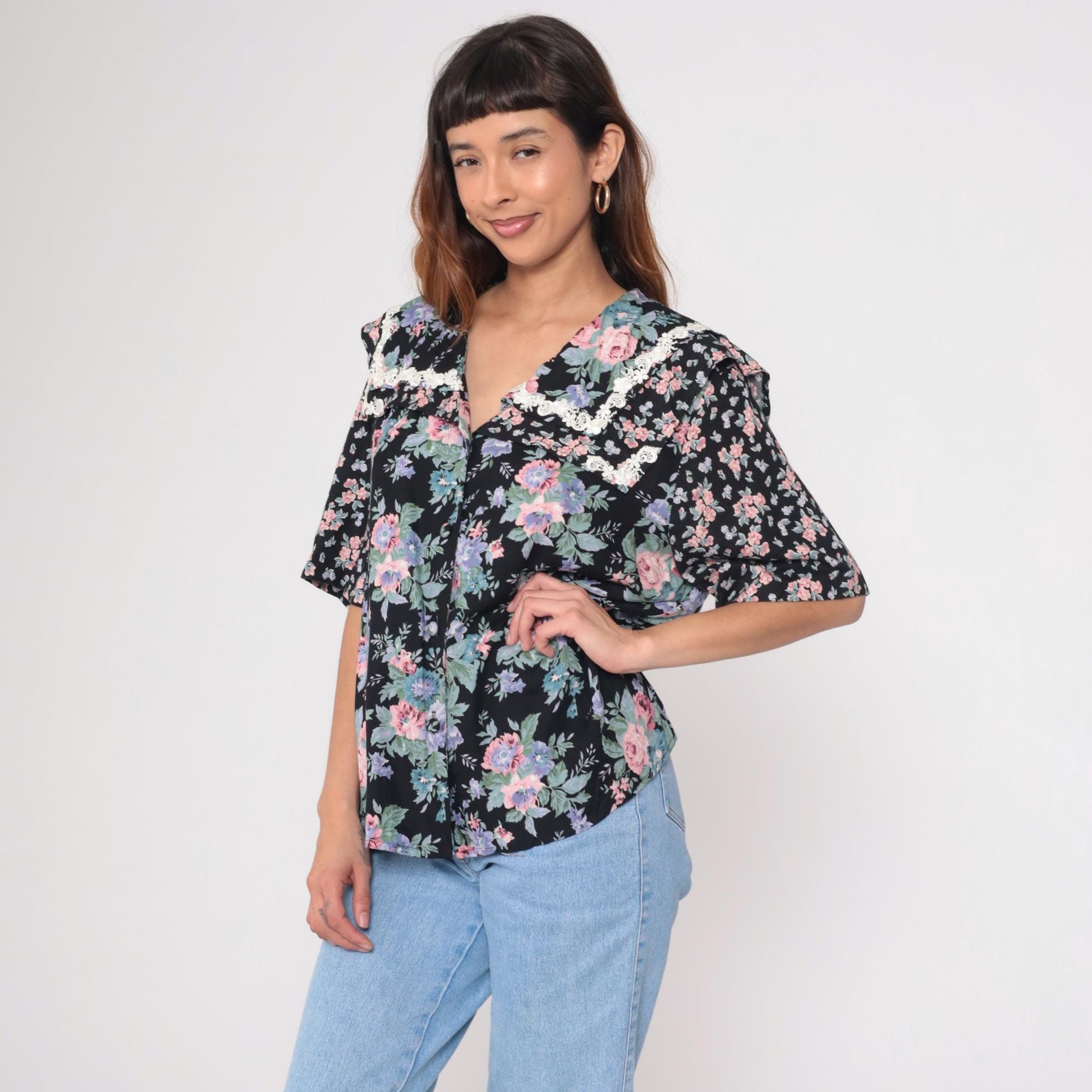 90s Liz Baker Floral Button Up Blouse Black Rayon Pink Purple Flowers Lace Collar Plus Size 20