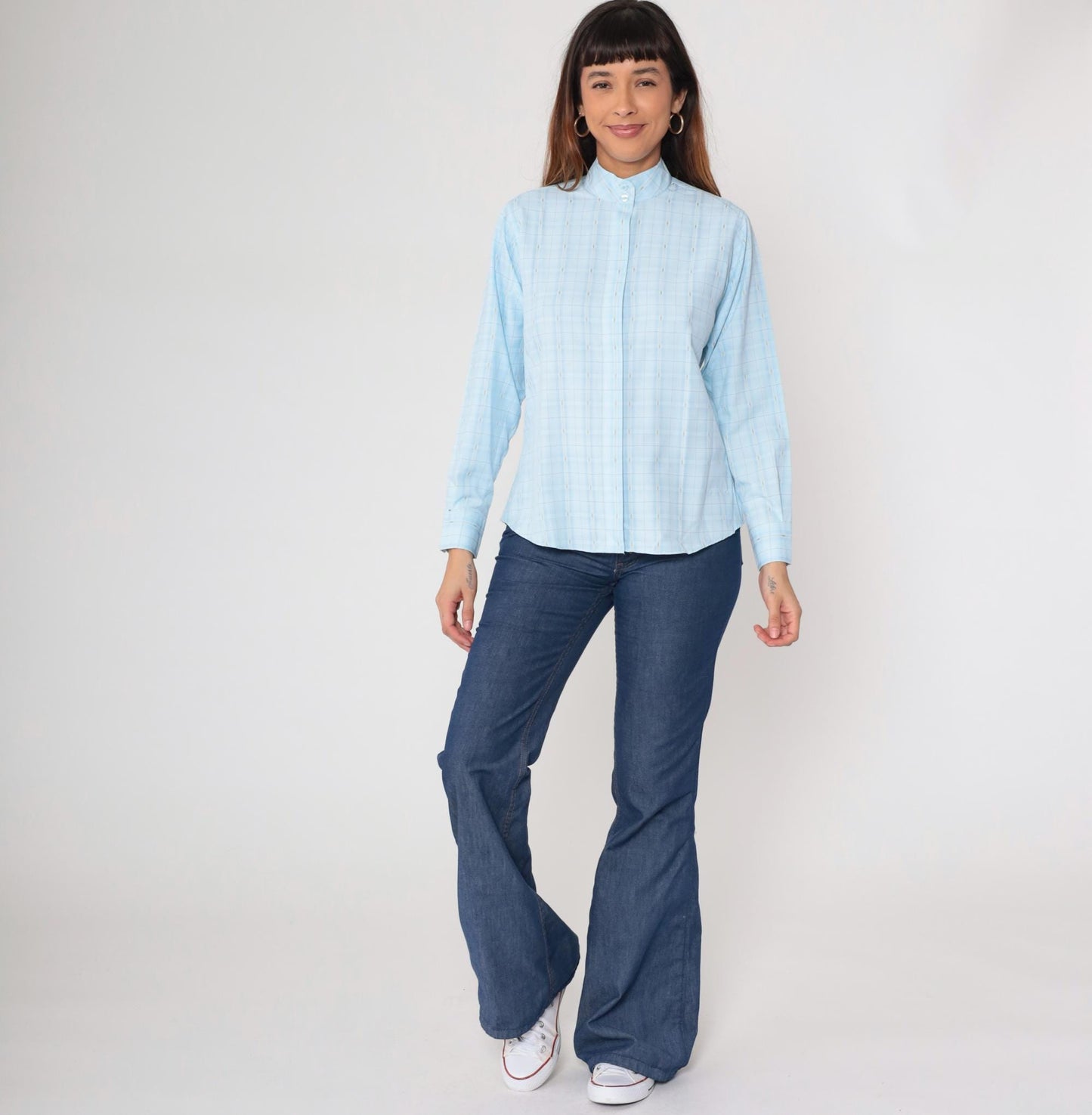 80s Royal Highness Powder Blue Mandarin Collar Blouse Windowpane Check Large