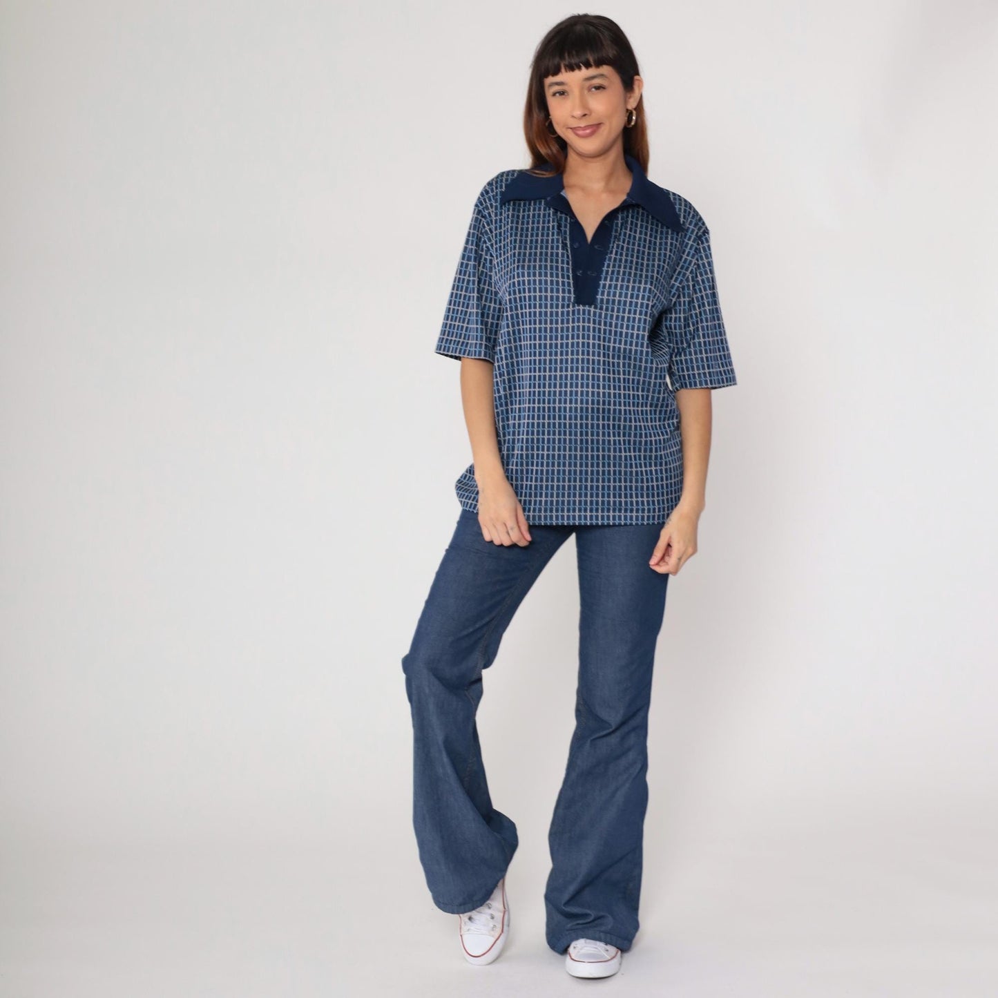 70s Leonardo Strassi Navy Grid Pattern Polo Shirt Short Sleeve Large L