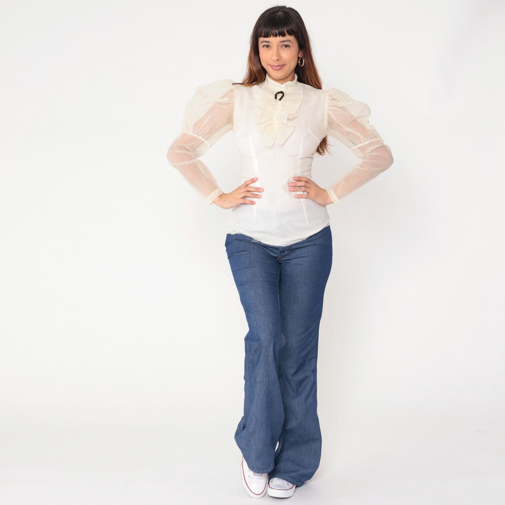 60s White Victorian Blouse Puff Sleeve Ruffle High Neck Bow Tie Small S