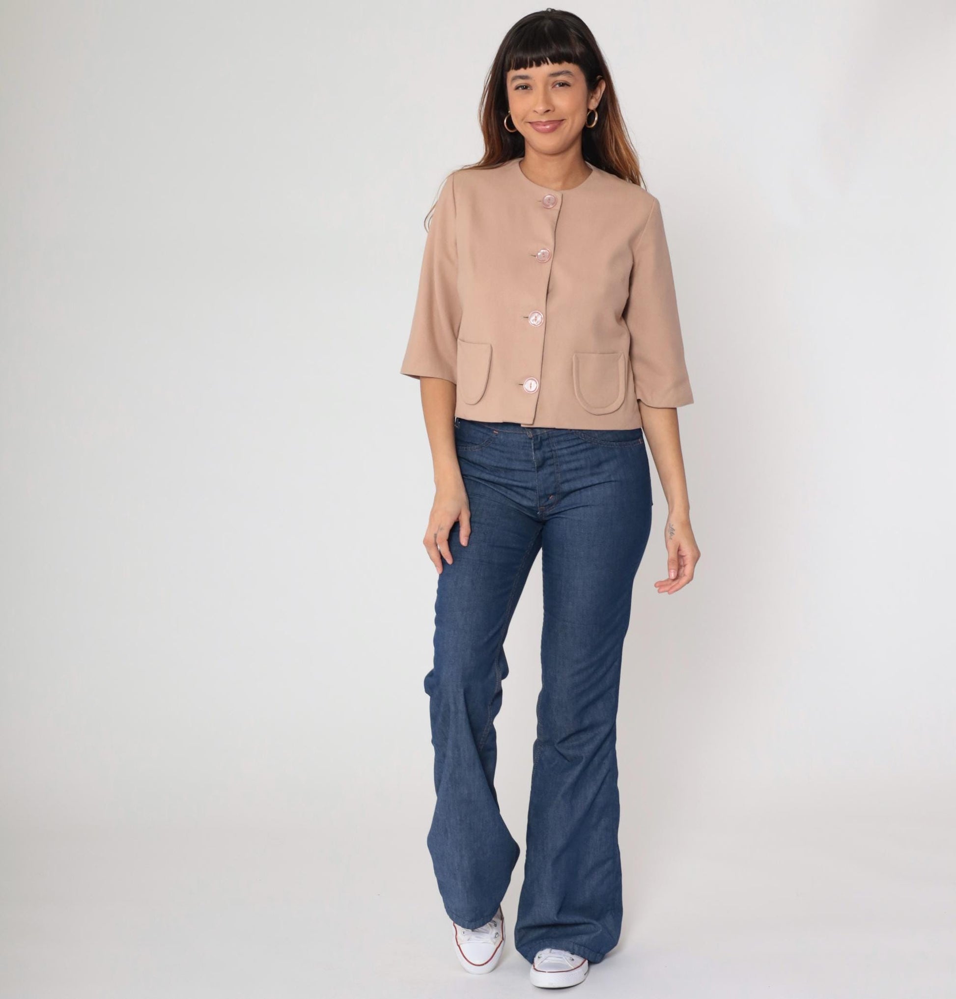 60s Beige Wool Cropped Jacket Pink Buttons Round Neck Short Sleeve Small S