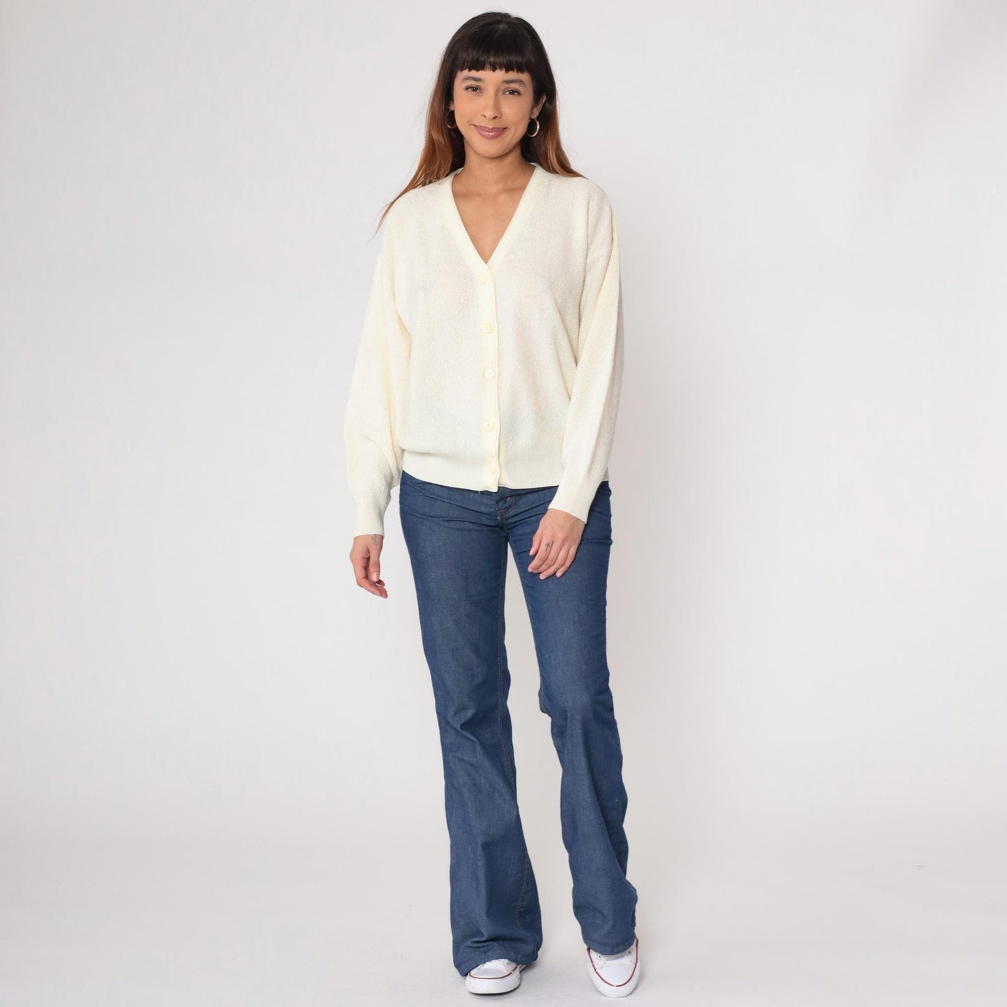 70s Cream Cardigan Button Front V Neck Long Sleeve Knit Medium Large