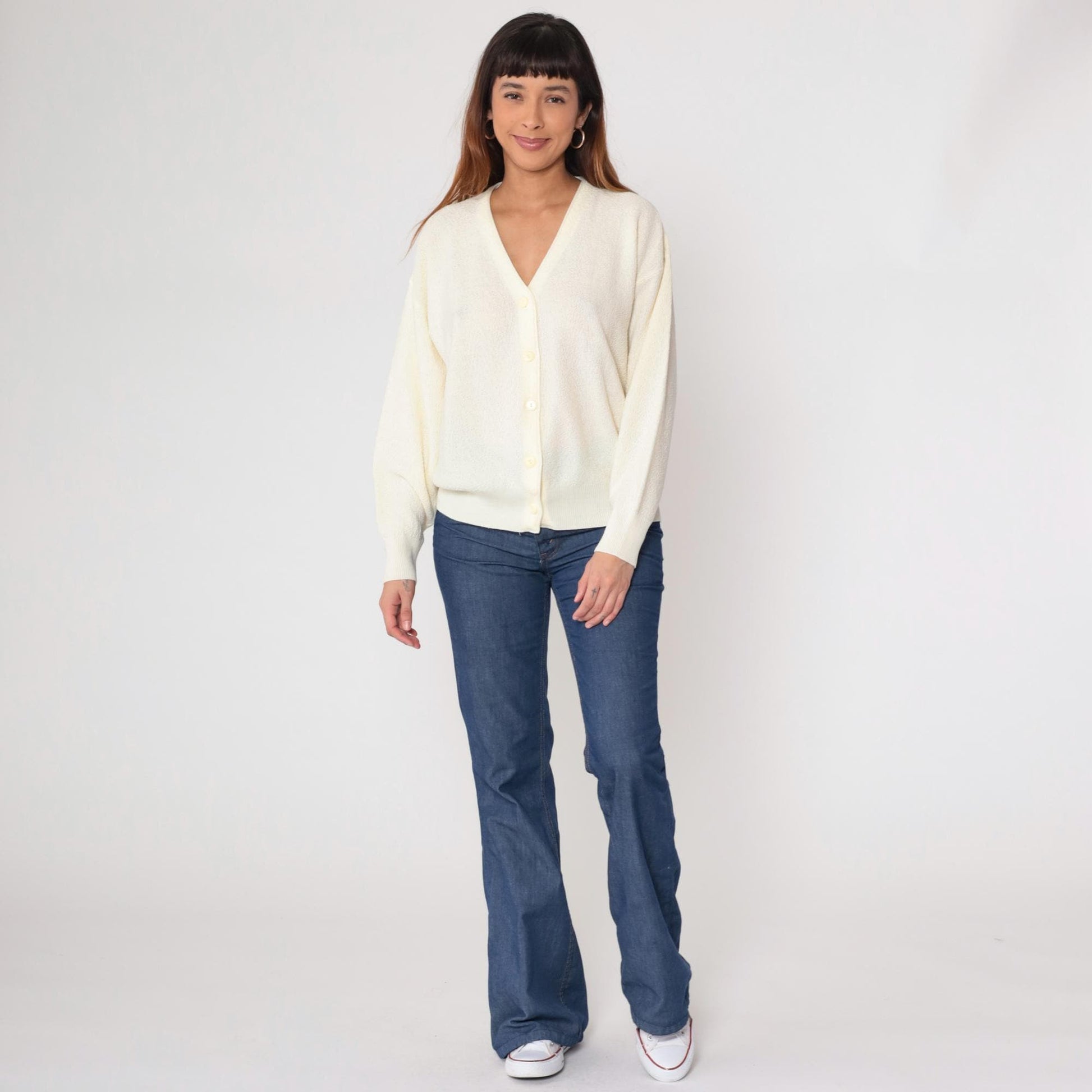 70s Cream Cardigan Button Front V Neck Long Sleeve Knit Medium Large