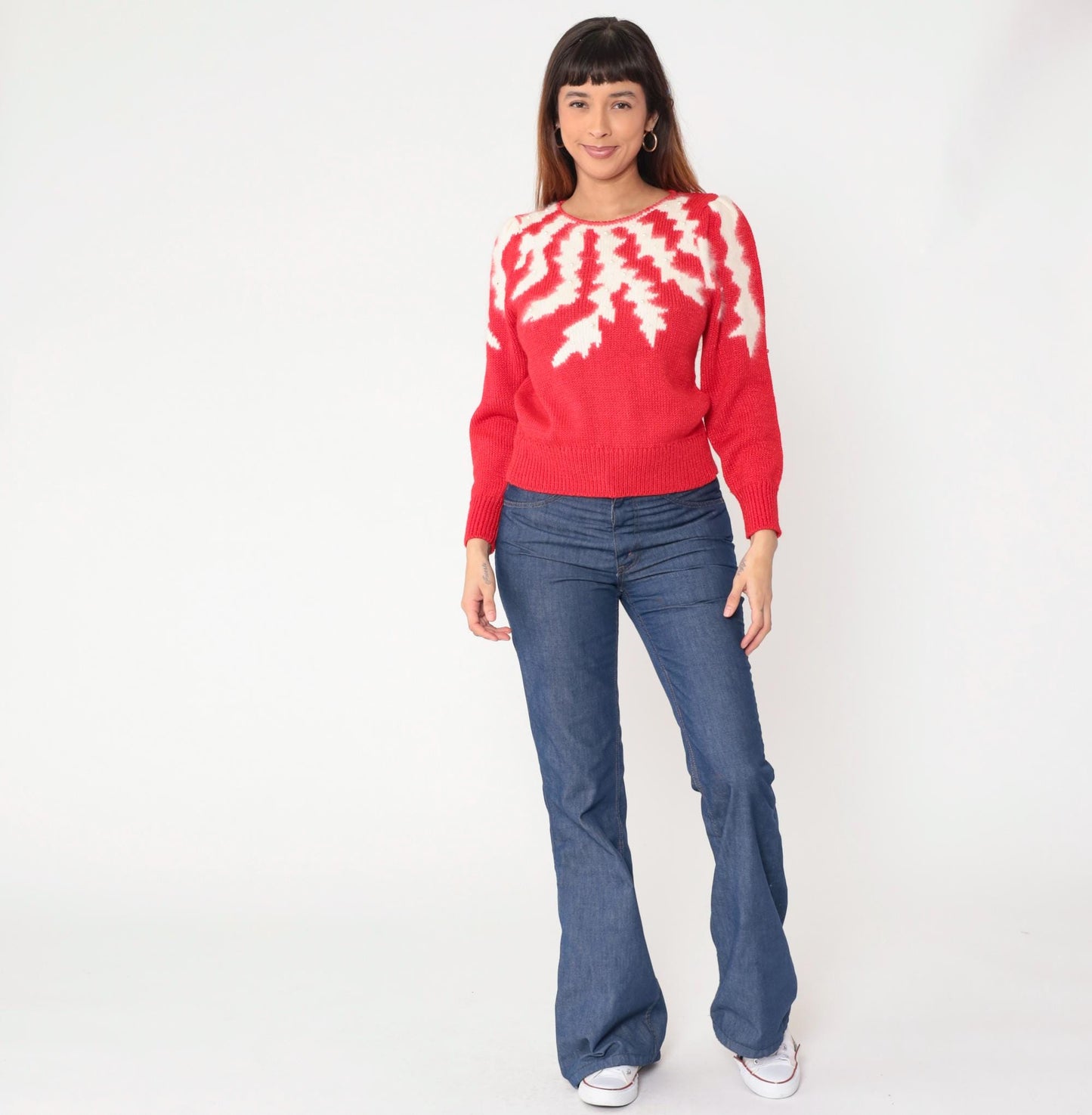 80s Petite Illustrations Red Knit Sweater Pearl Snowflake Puff Shoulder Small
