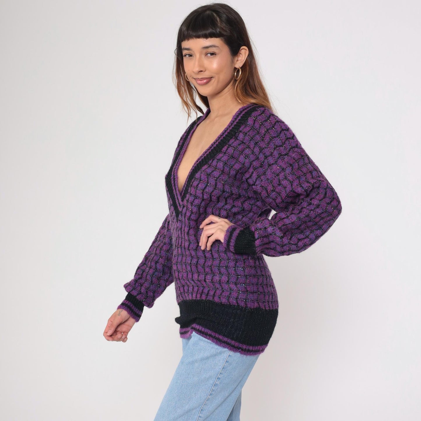90s Max Bradley Purple Black Deep V Sweater Metallic Knit Large L
