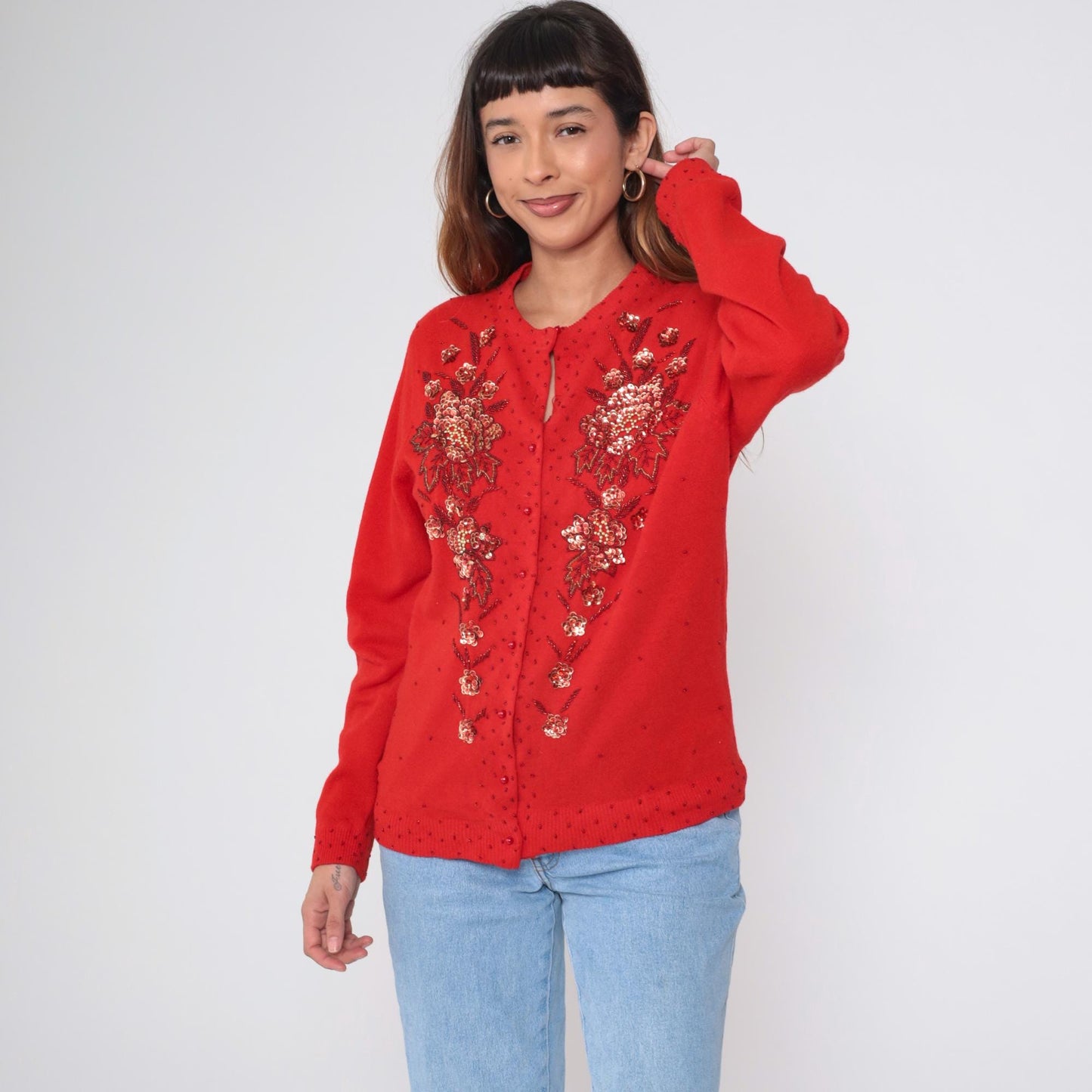 90s Red Beaded Floral Cardigan Wool Angora Blend Button Up Sequin Knitwear Large L