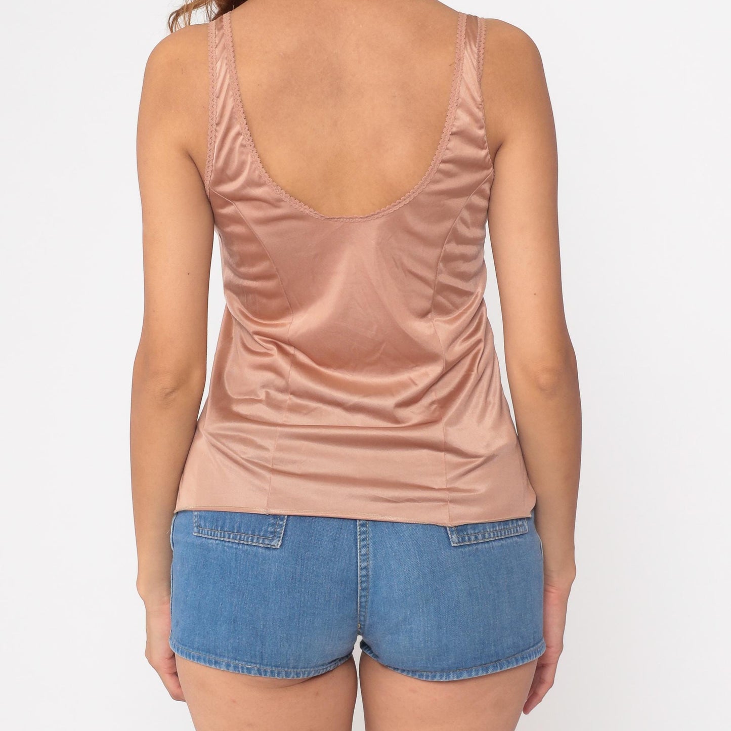 80s Beige Satin Camisole Lace Trim V-Neck Lingerie Tank Small