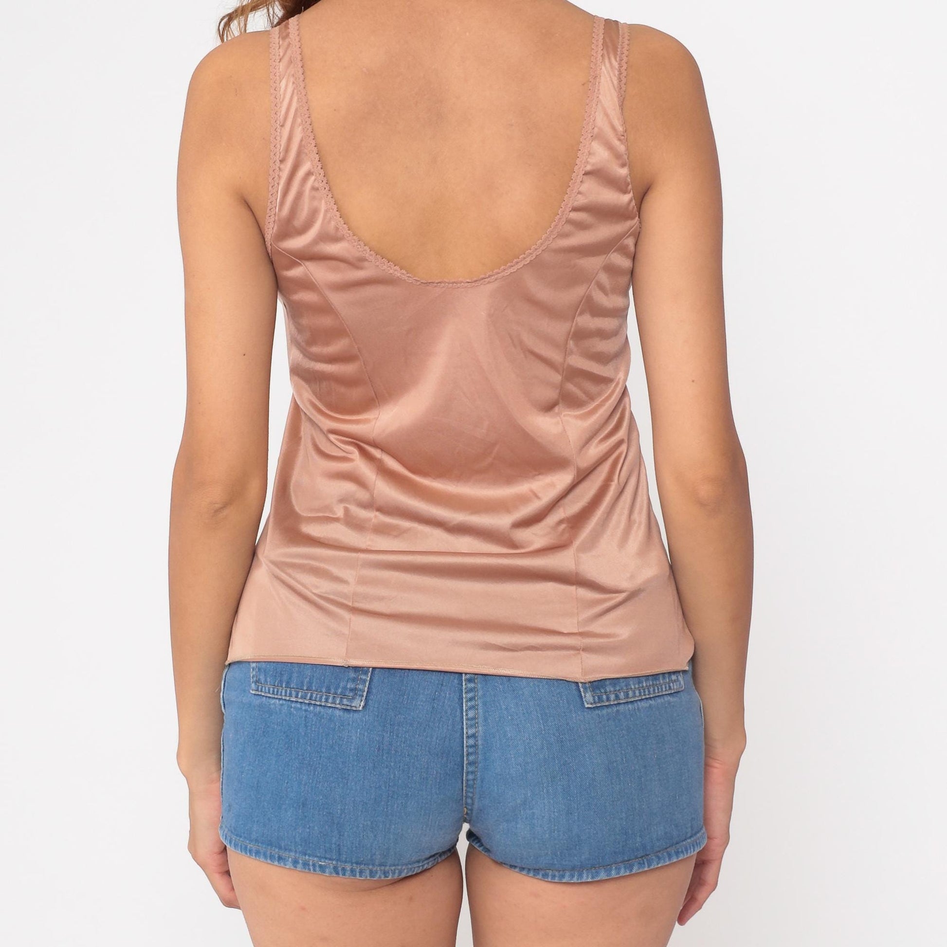 80s Beige Satin Camisole Lace Trim V-Neck Lingerie Tank Small