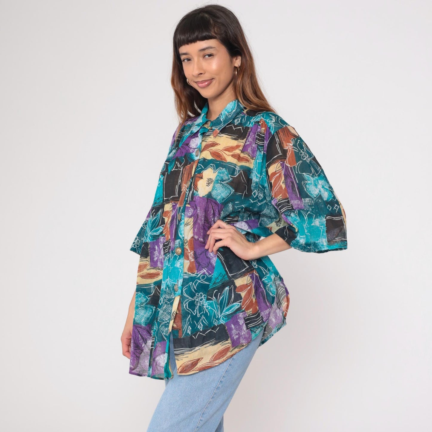 90s Joanna Abstract Watercolor Floral Button Down Blouse Teal Purple Extra Large