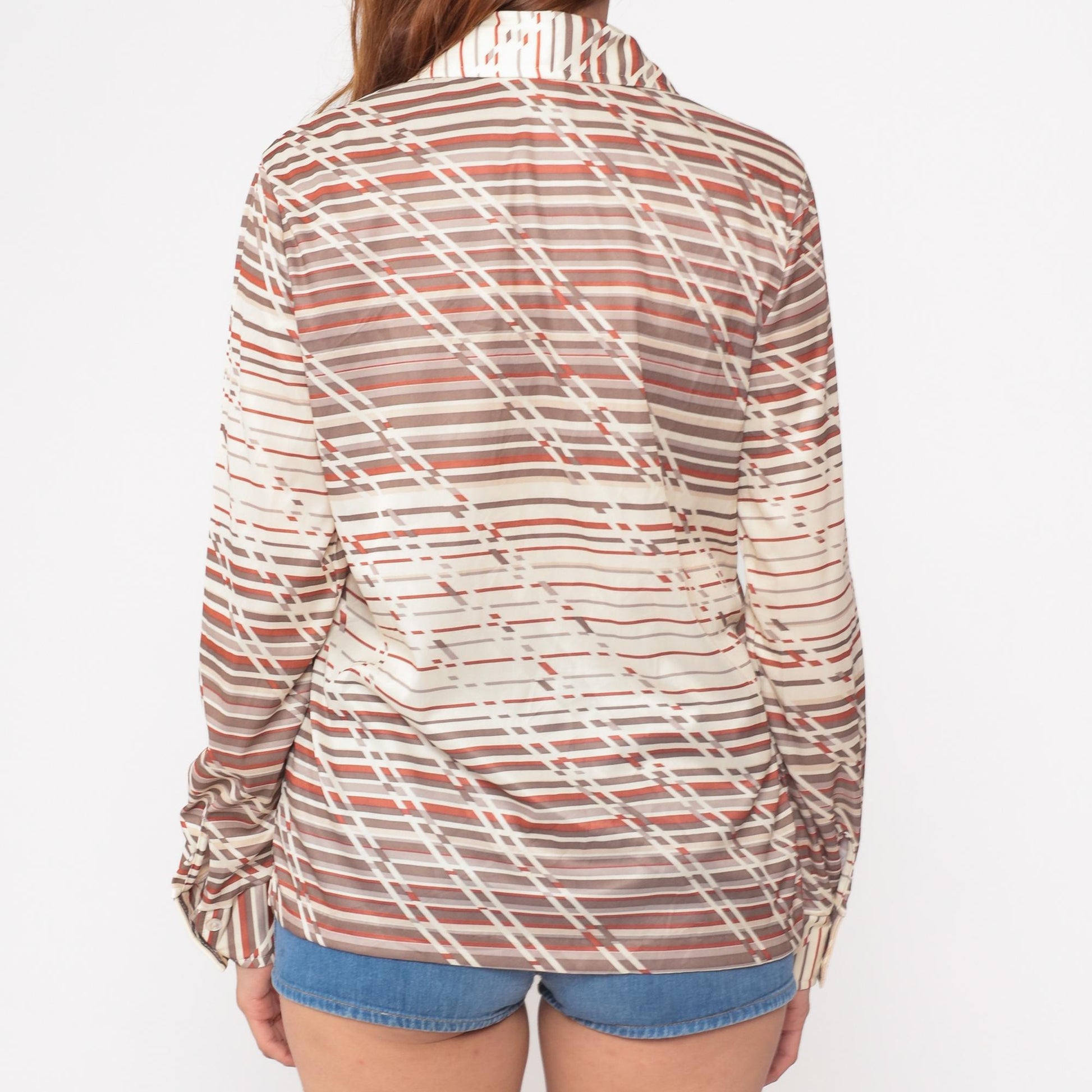 70s Devon Geometric Diagonal Striped Button-Up Shirt Rust Brown Cream Medium