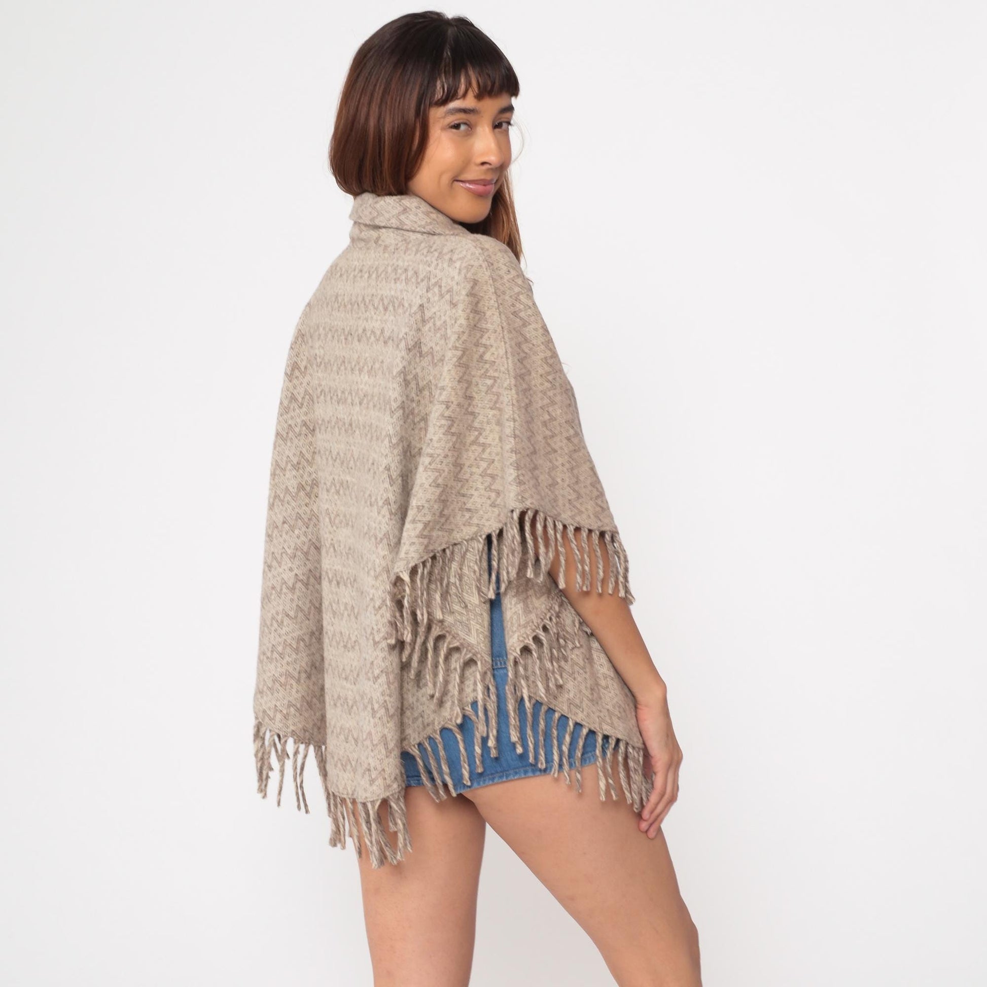 70s Wool Poncho Beige Brown Chevron Fringe Button Collar Cape One Size