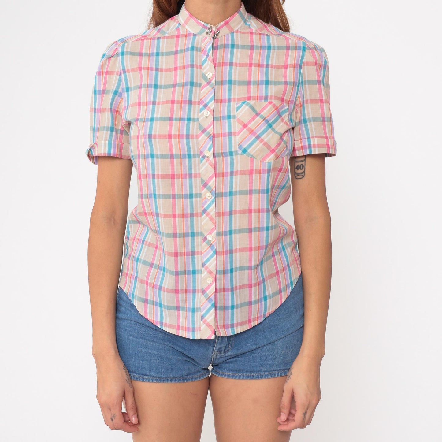 80s Ship n Shore Tan Checkered Button Up Blouse Pink Purple Blue Small S