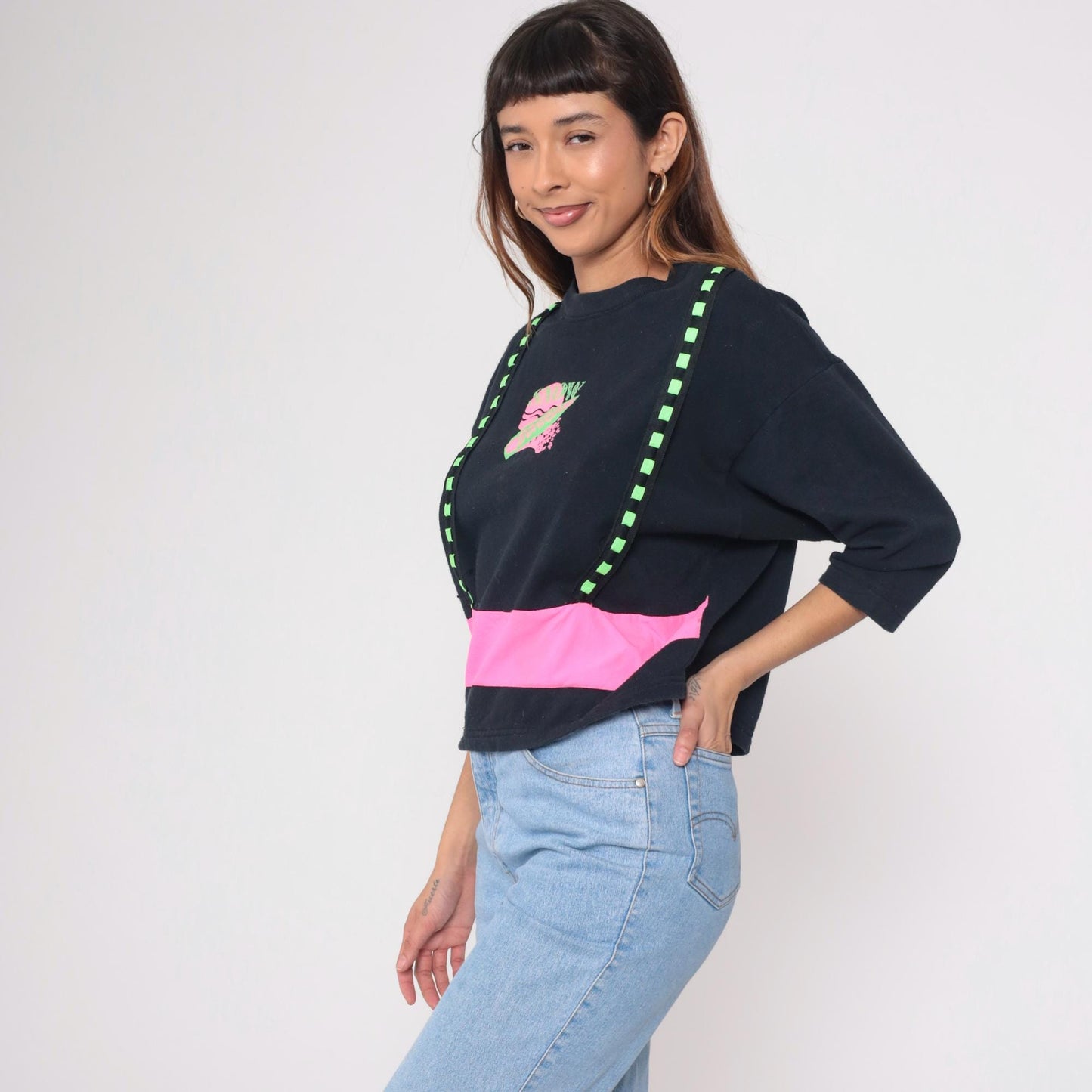 90s Obvious Snowboard Sweatshirt Black Neon Pink Green Cropped Medium M