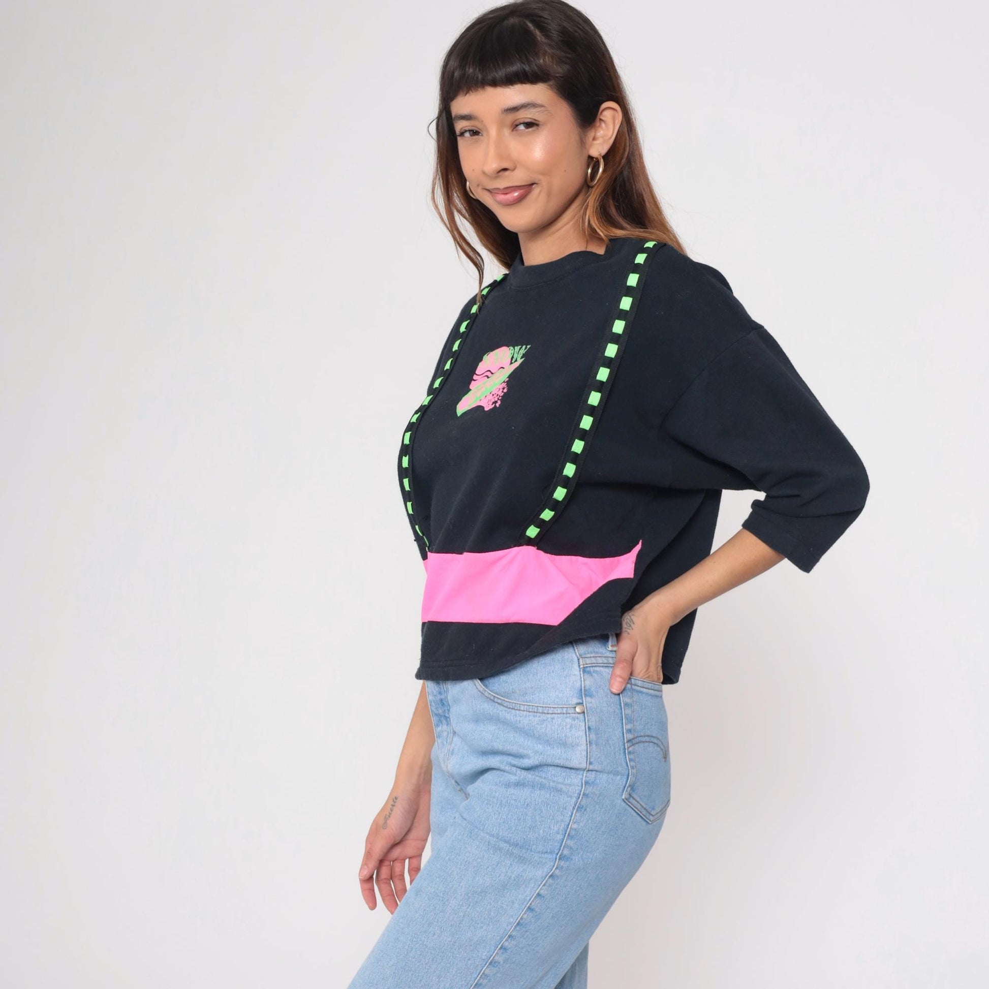 90s Obvious Snowboard Sweatshirt Black Neon Pink Green Cropped Medium M