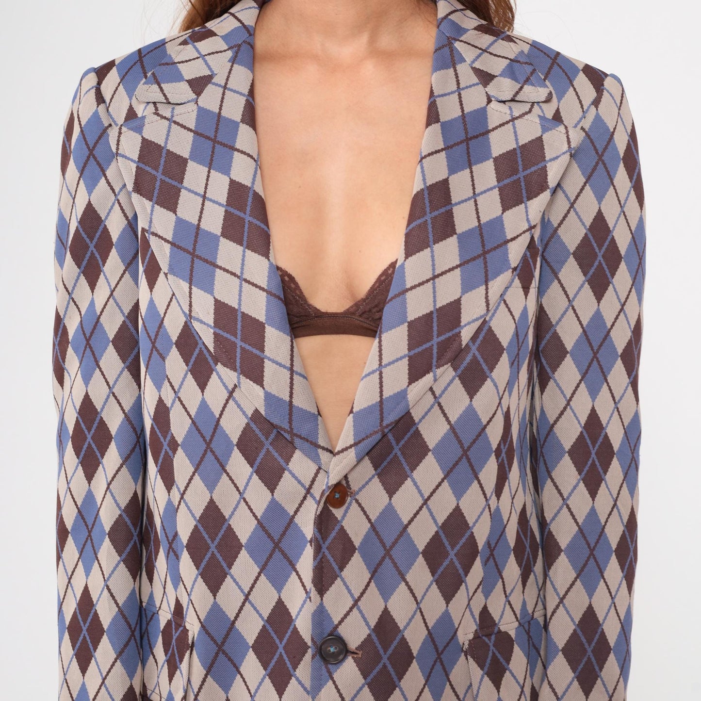 70s Hispacor Argyle Blazer Blue Brown Beige Diamond Pattern Medium